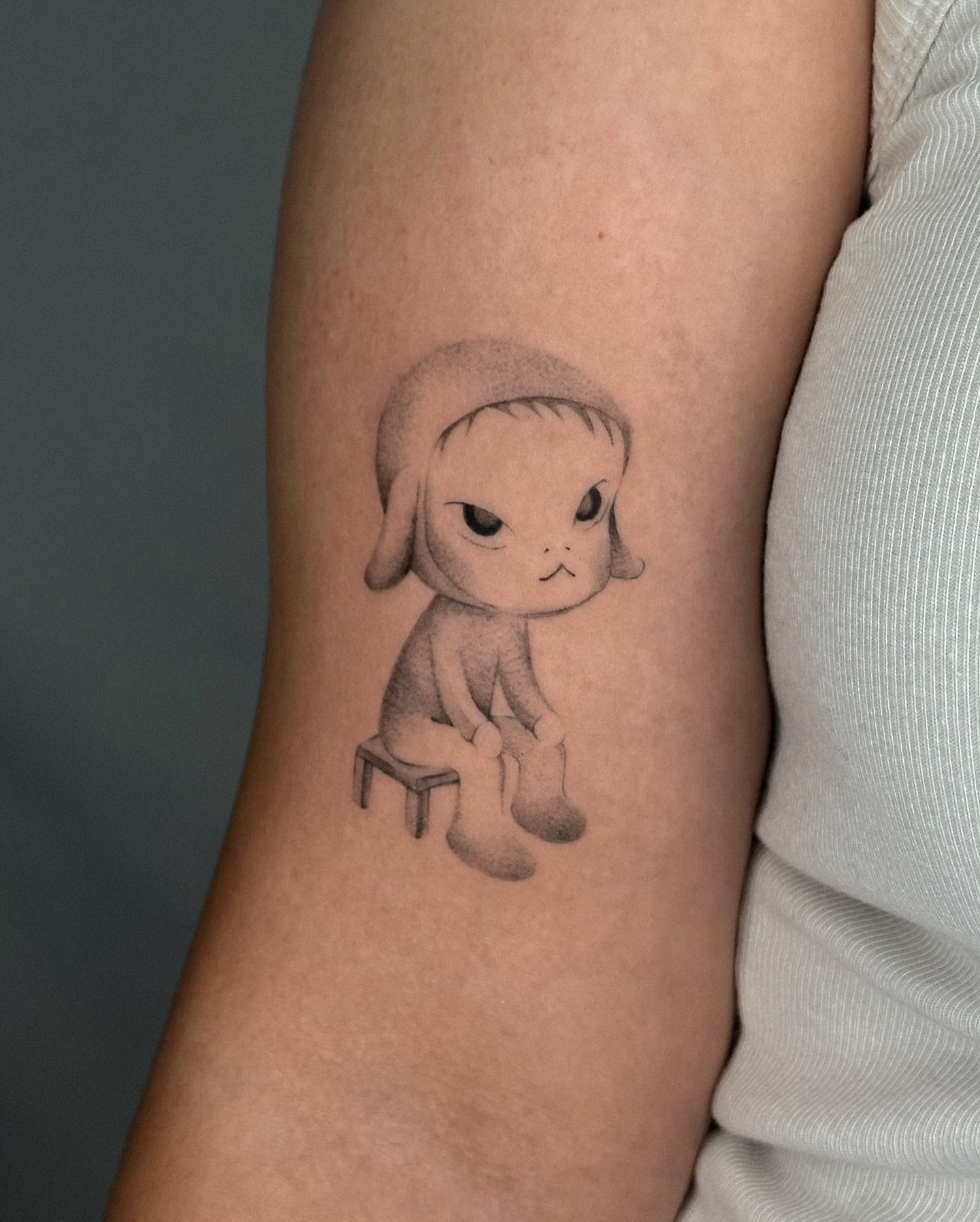 Child sitting black and grey tattoo on the forearm by ☆ gia