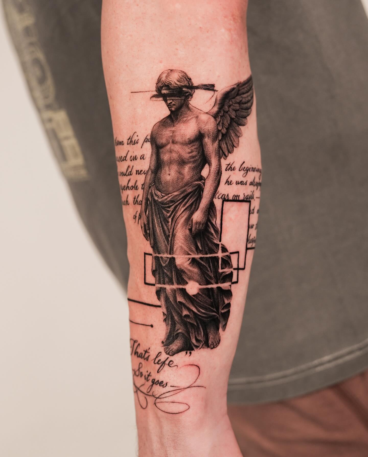 Statue with wings realism tattoo on the forearm by Jinzhi ye