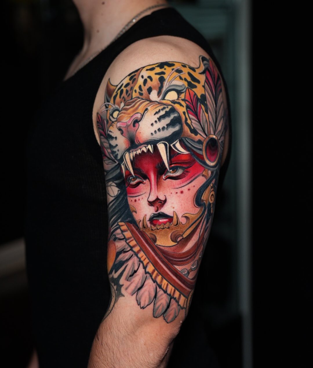 Jaguar and woman American traditional tattoo on the forearm by CRISTIAN AMORES シ