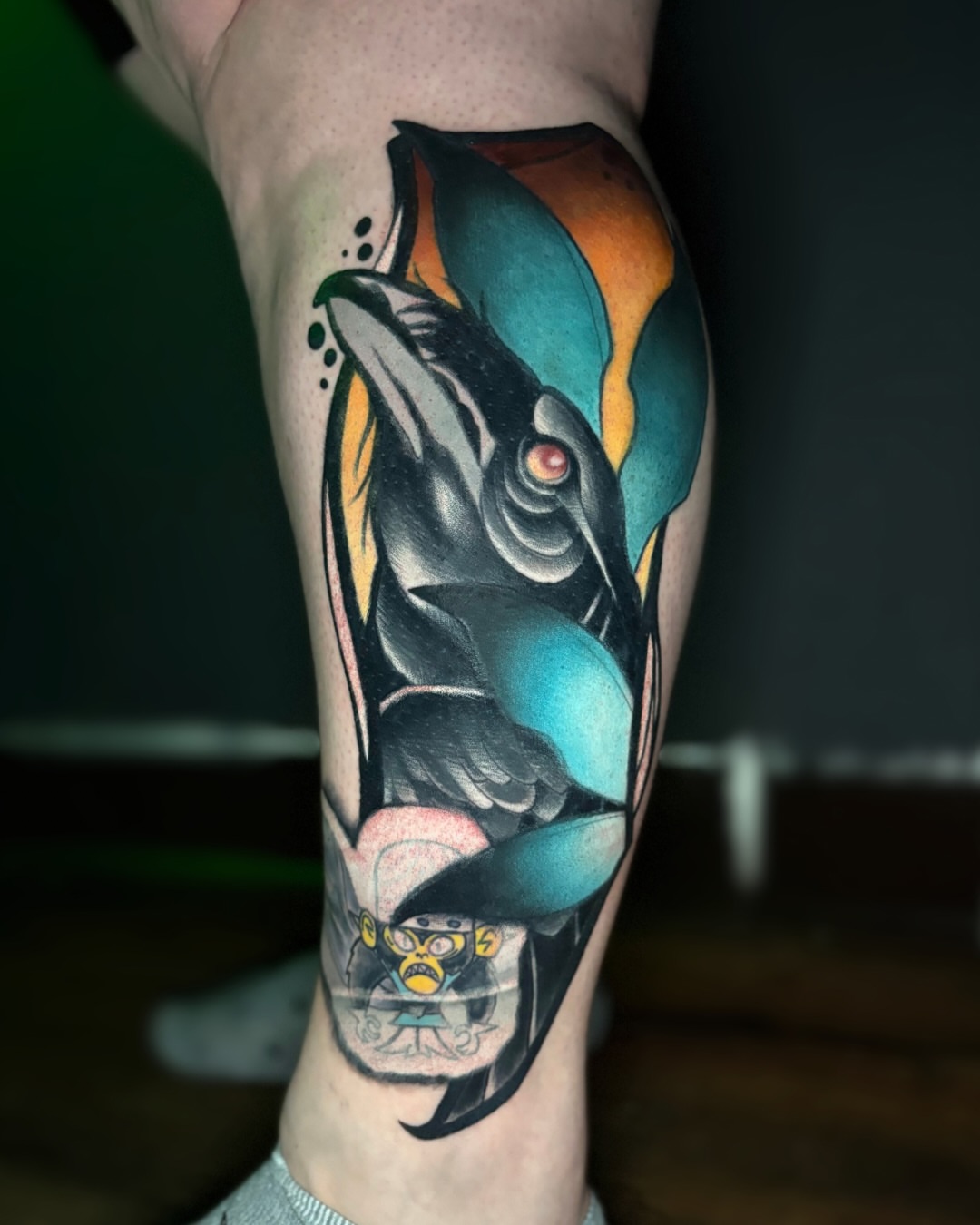 Crow geometric tattoo on the calf by Brian Overholt