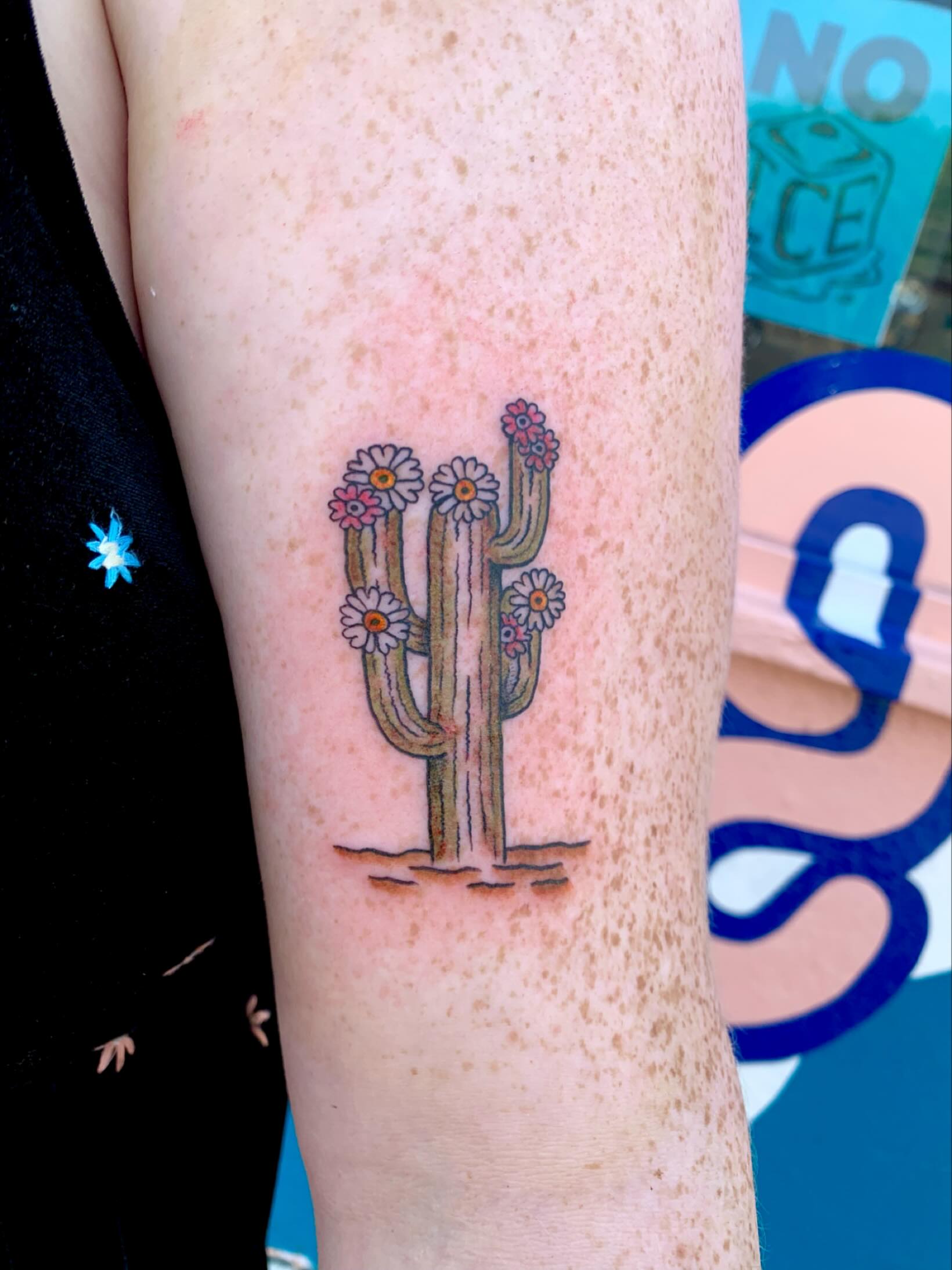 Cactus with flowers new school tattoo on the forearm by CharlieBoy