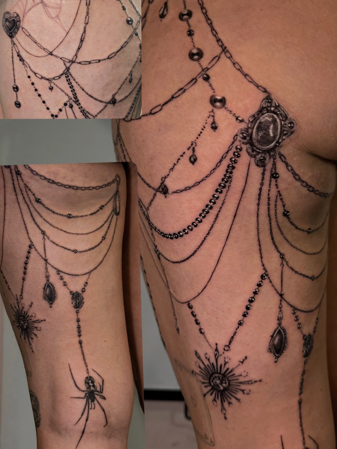 Chains and pendants black and grey tattoo on the thigh by kale