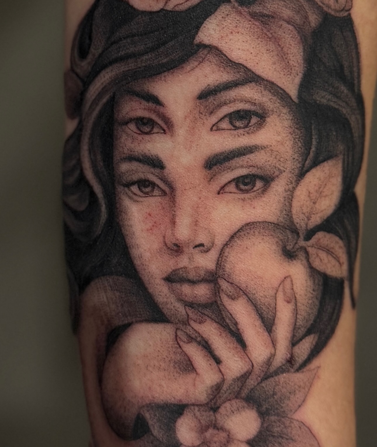 Woman with apple dotwork tattoo on the forearm by Paul Jack II ⚜️ Tattoo Artist ⚜️Atlanta