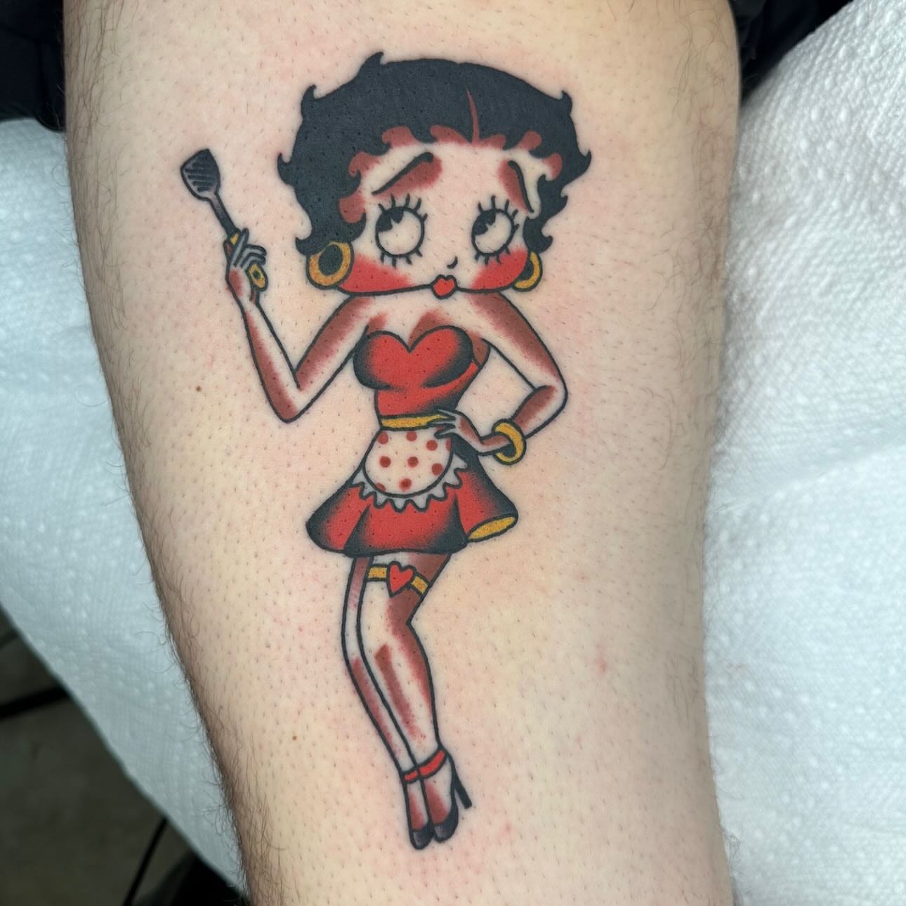 Betty Boop American traditional tattoo on the forearm by Keon Ostby, Tempe, Arizona