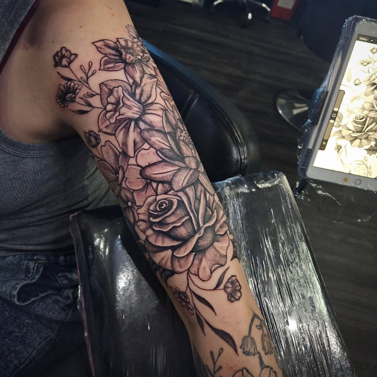 Floral bouquet black and grey tattoo on the forearm by Angie Griffith 🥰, Glendale, Arizona