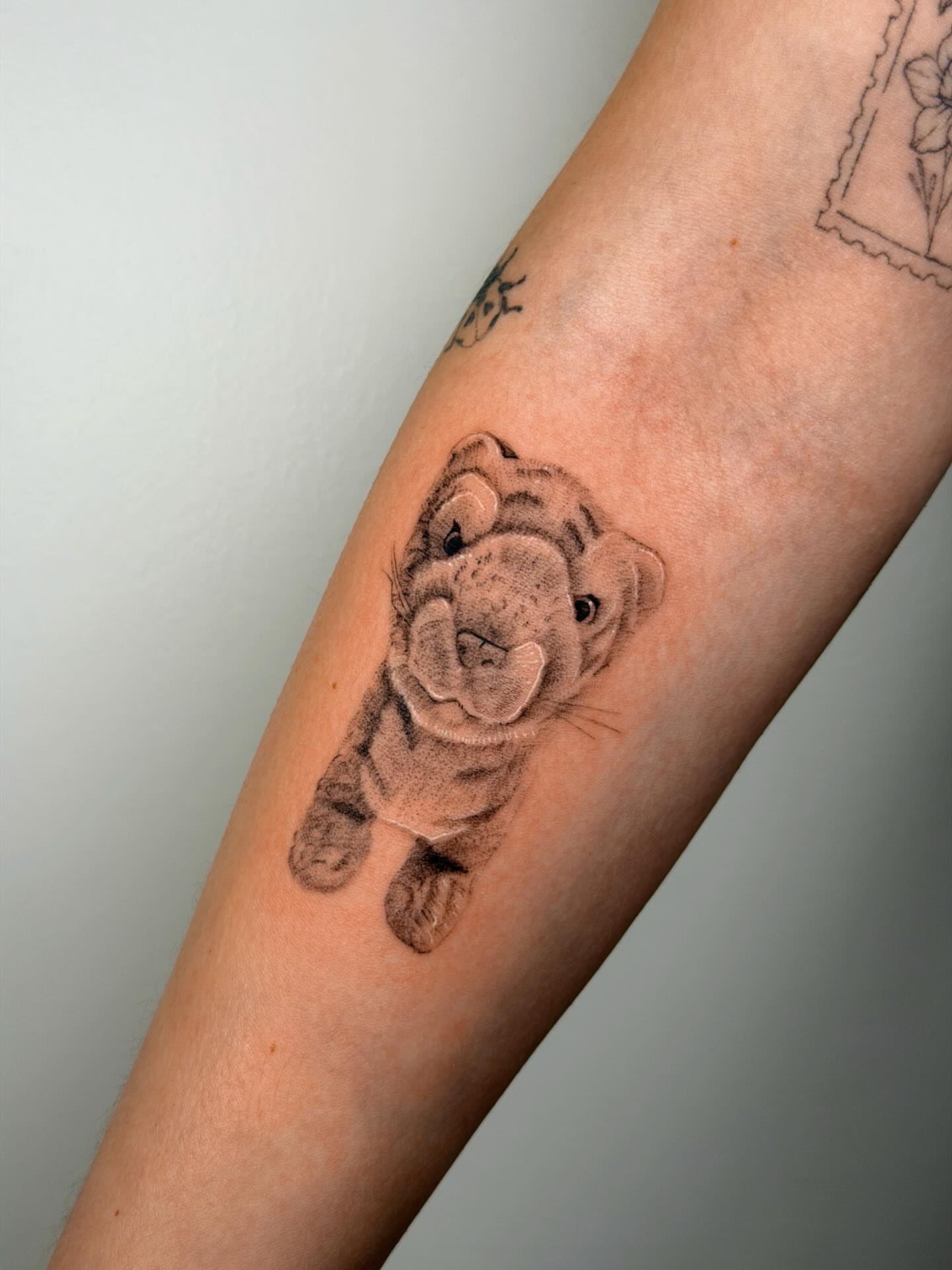 Tiger cub realism tattoo on the forearm by Nate Weaver