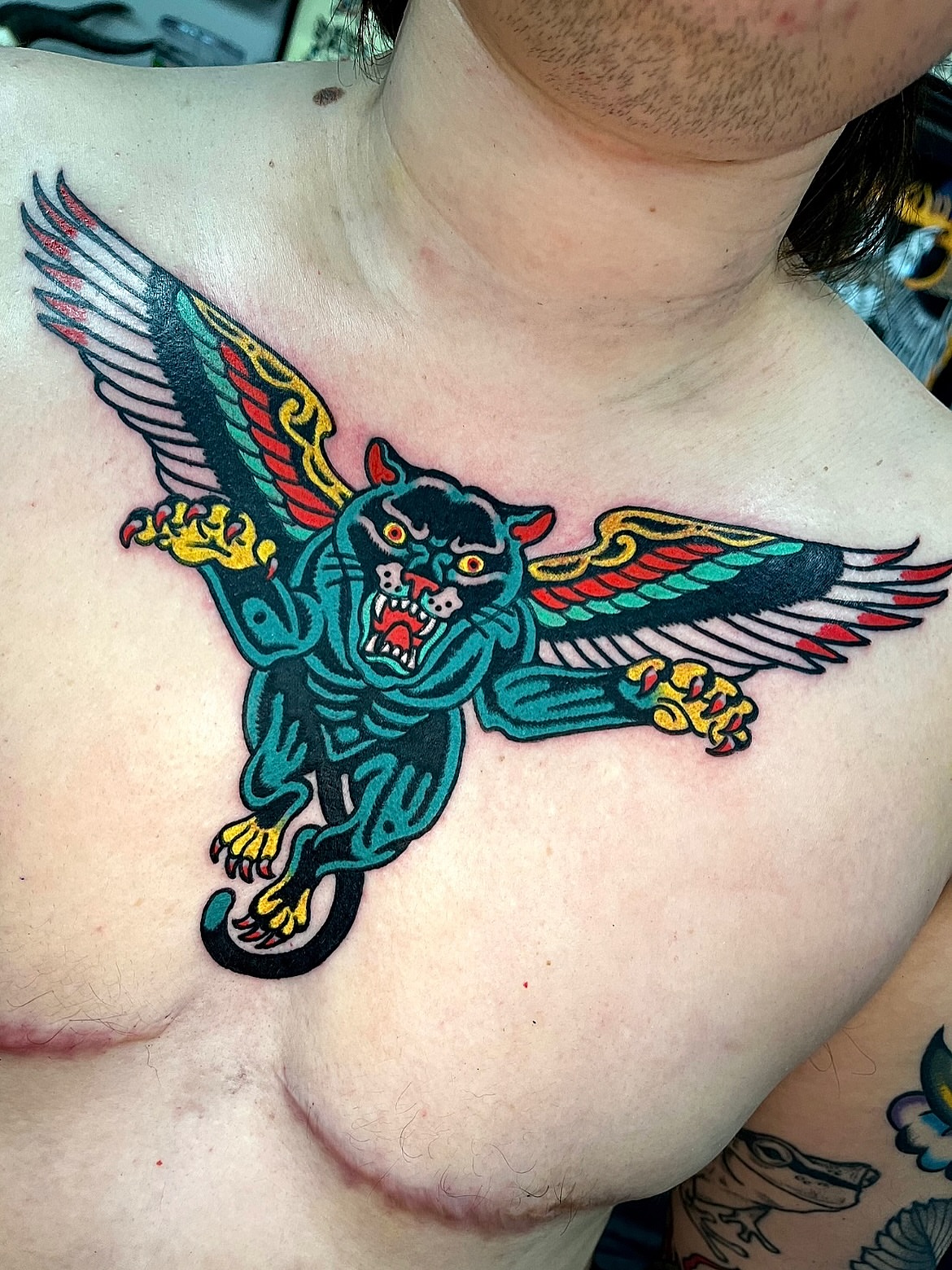 Winged panther American traditional tattoo on the chest by π΅ππππ π¬ππππ