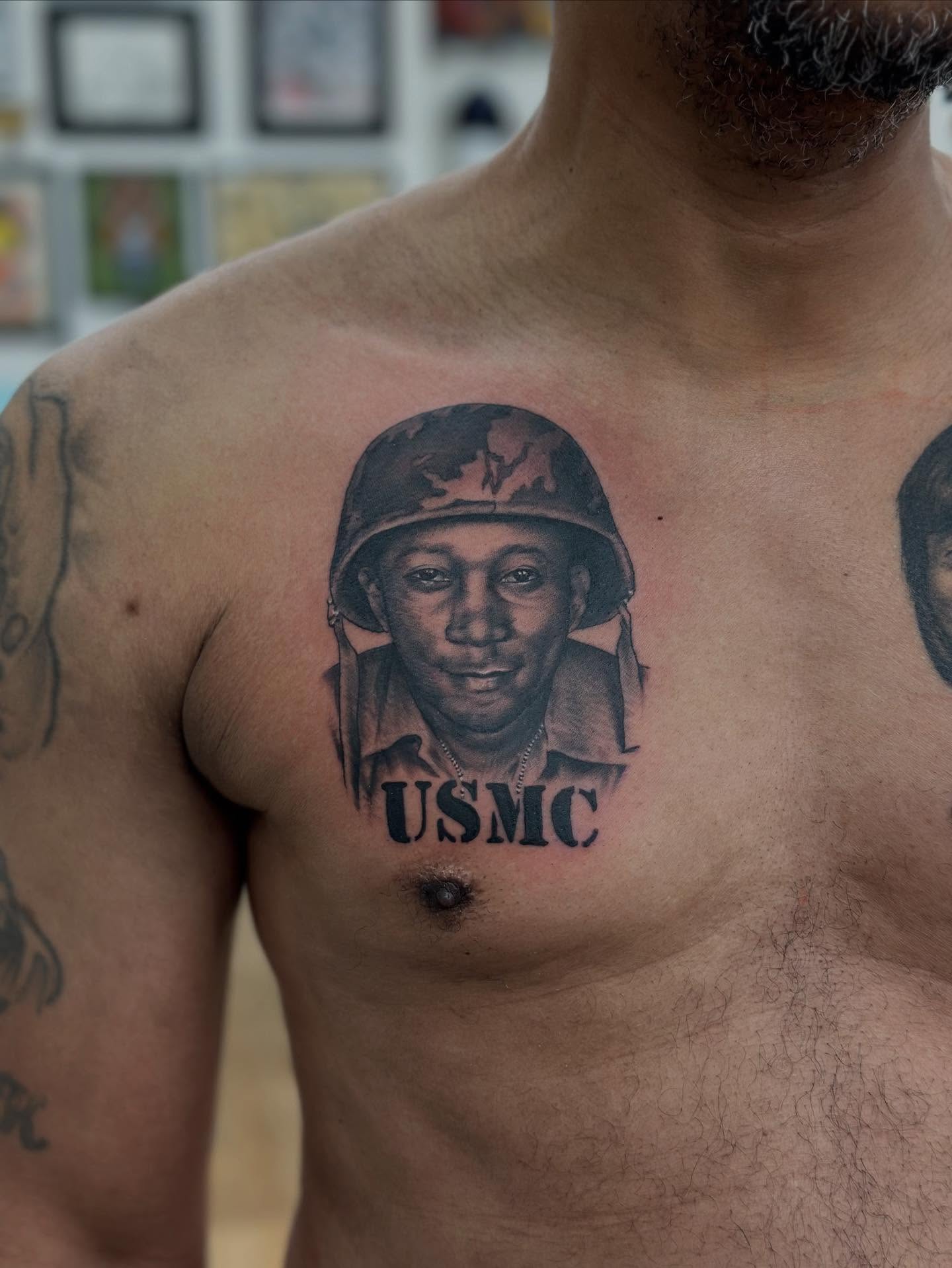 Portrait of soldier realism tattoo on the chest by Bryan Humphries