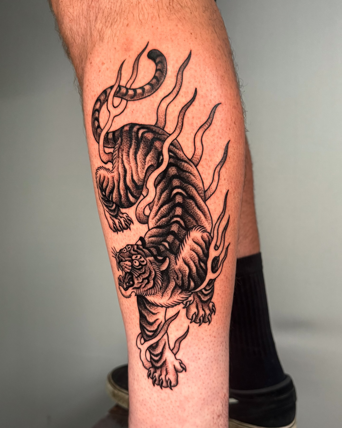 Tiger dotwork tattoo on the calf by Jae Traditional Tattoo