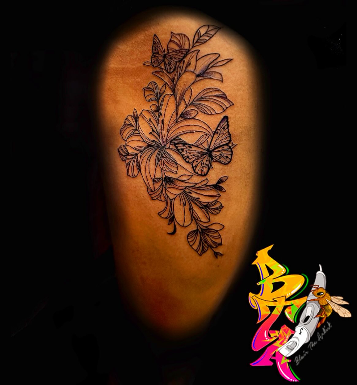 Flowers and butterflies black and grey tattoo on the shoulder by Blair The Artist!