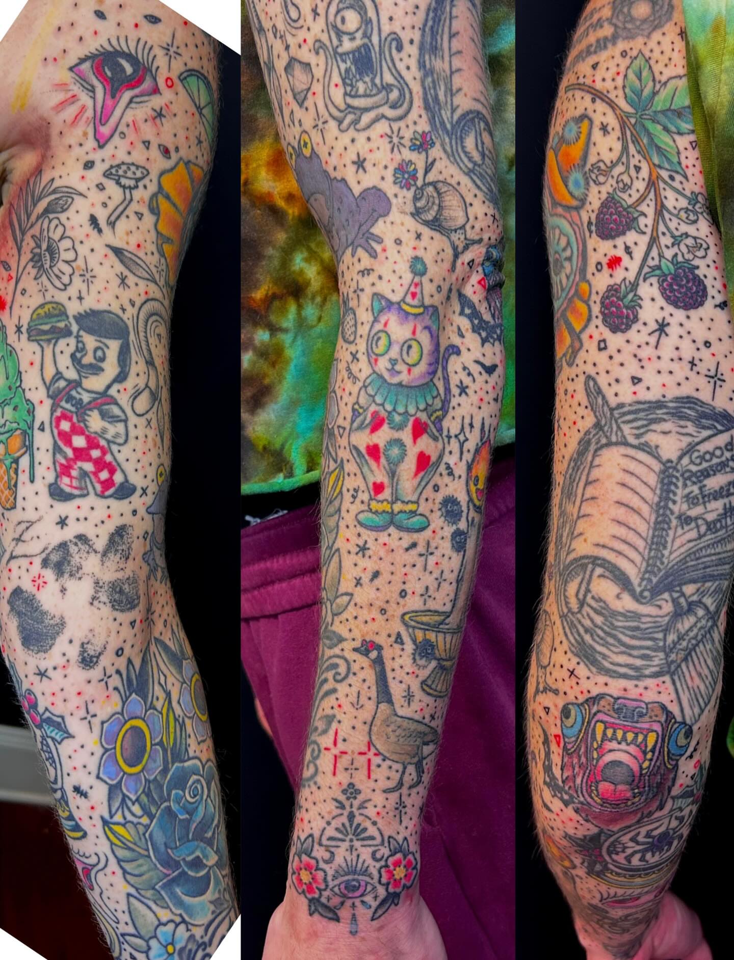 Surrealistic imagery dotwork tattoo on the forearm by Jon Byrd