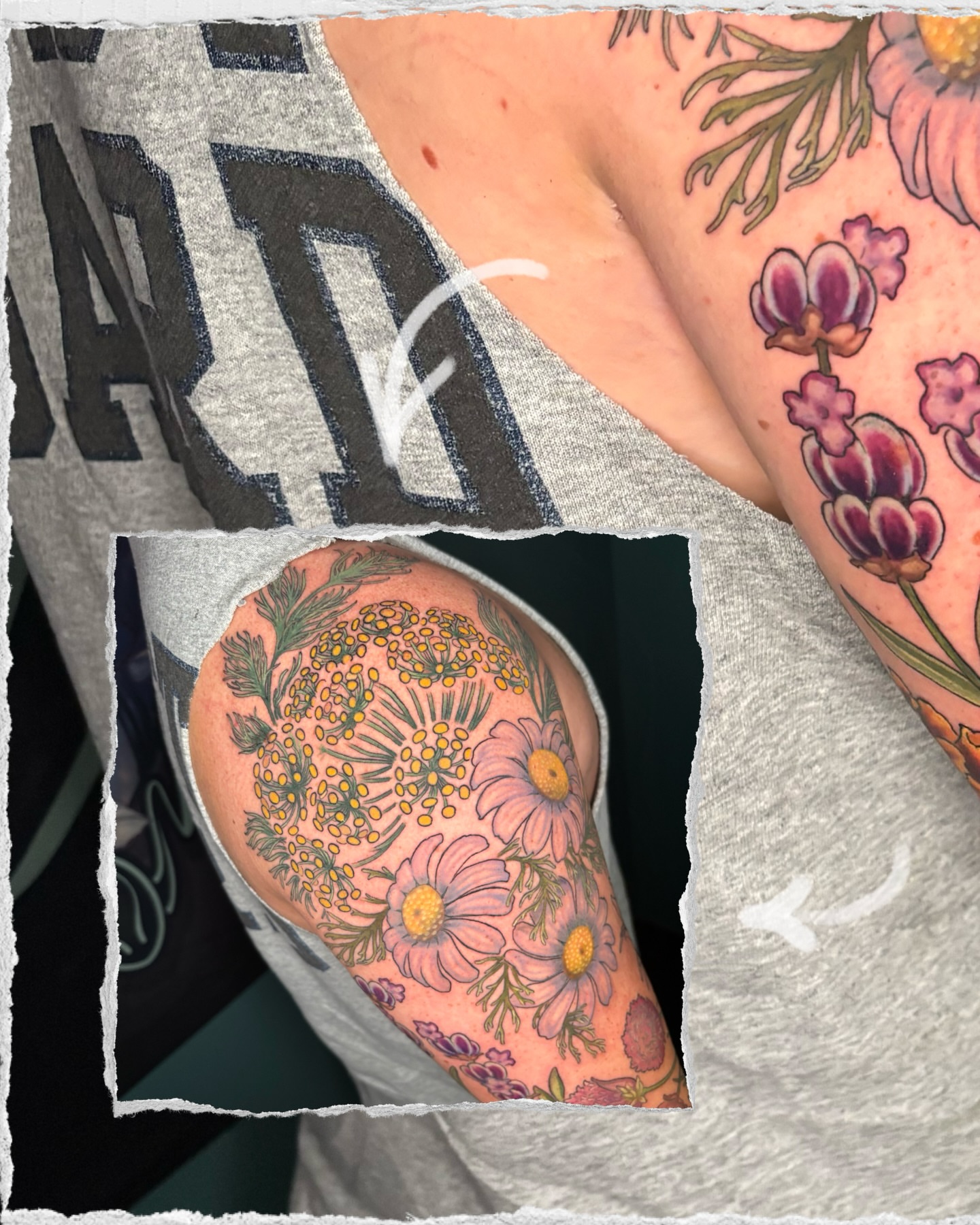 Floral arrangement dotwork tattoo on the shoulder by Meg Mayhem ๐จ Sarenity Tattoo