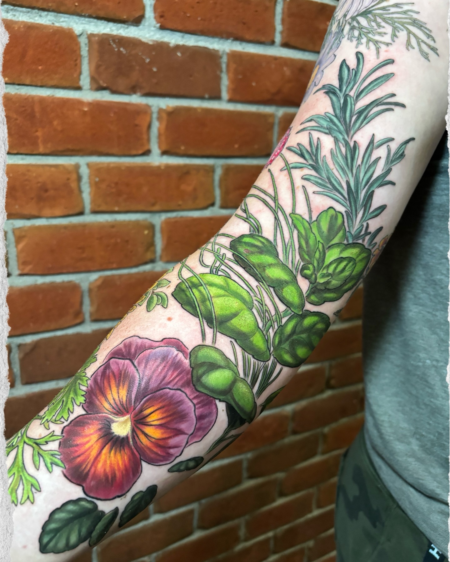 Pansy and herbs American traditional tattoo on the forearm by Meg Mayhem ๐จ Sarenity Tattoo