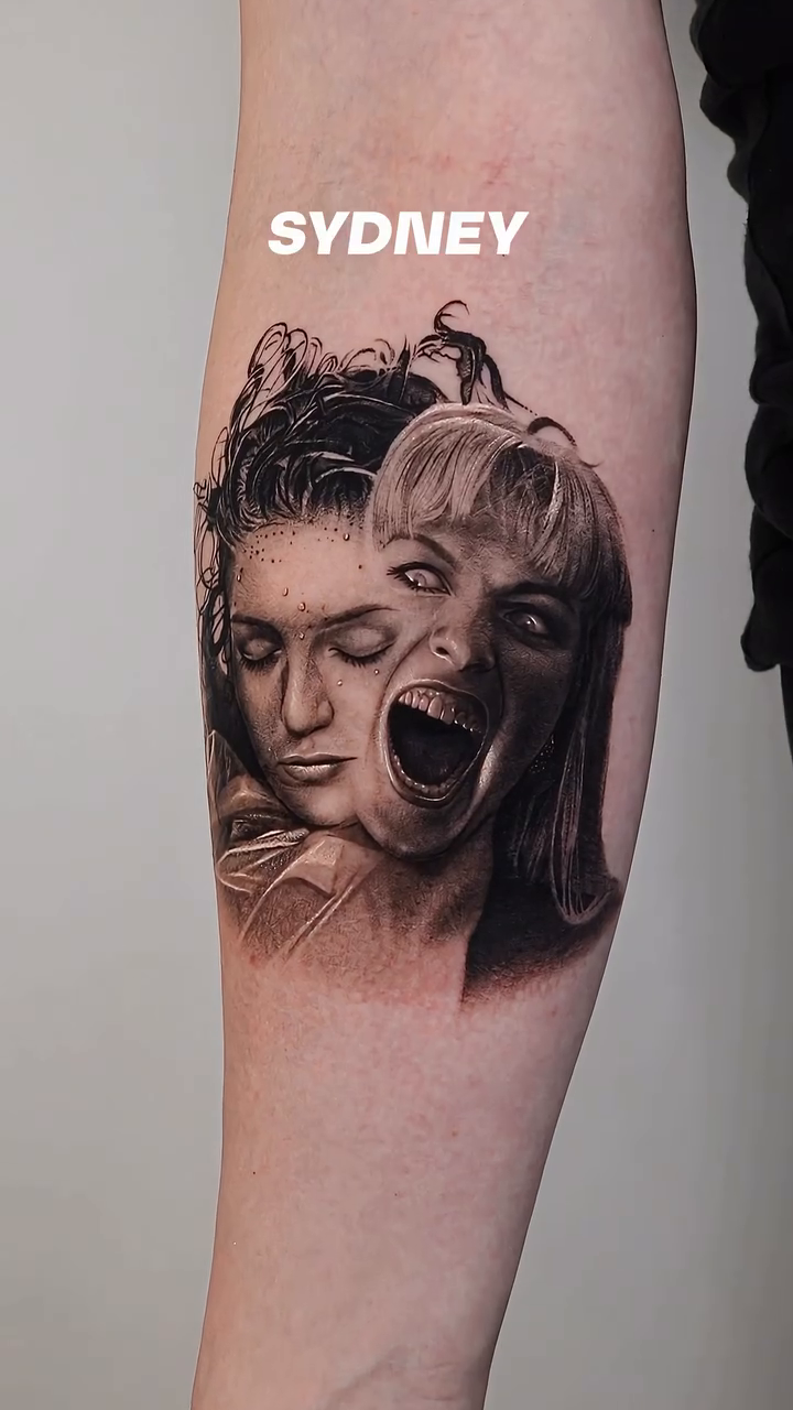 Two faces, one screaming realism tattoo by Saru