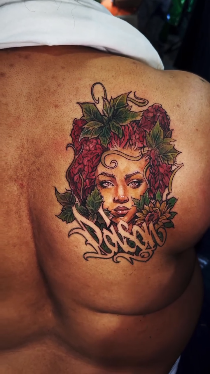 Woman with flowers neo-traditional tattoo by Derrick Joe tattoos