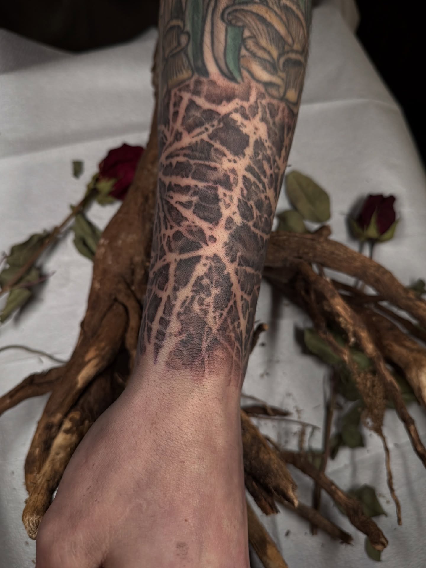 Root structure black and grey tattoo on the forearm by Jamie Draven 🐺