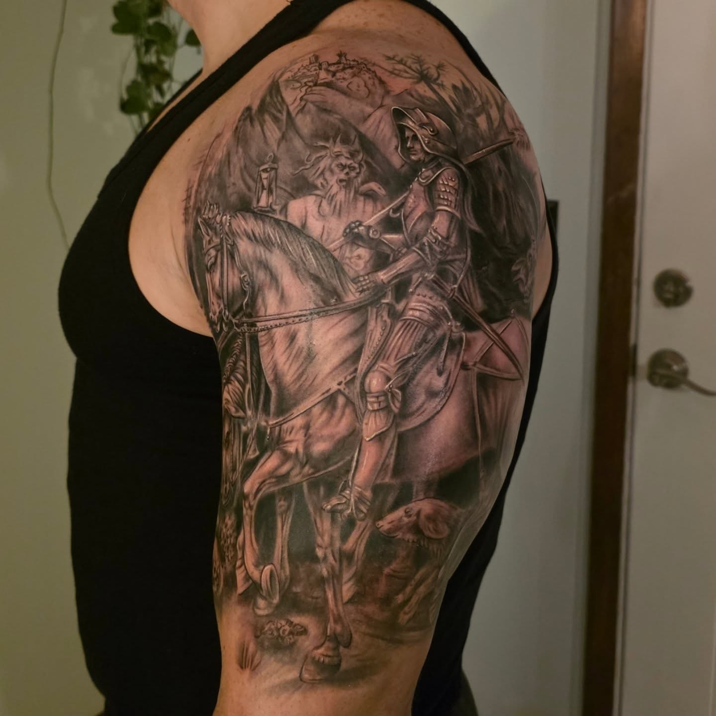 Stained glass knight realism tattoo on the shoulder by Kosta