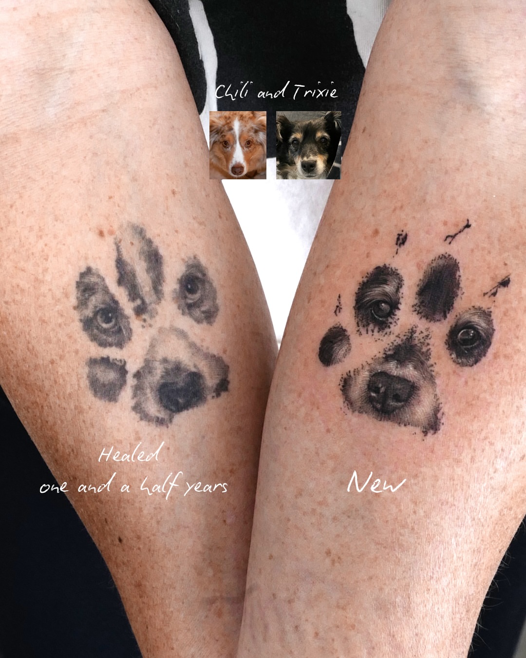 Dog paw print black and grey tattoo on the thigh by Ria Kim 김리아