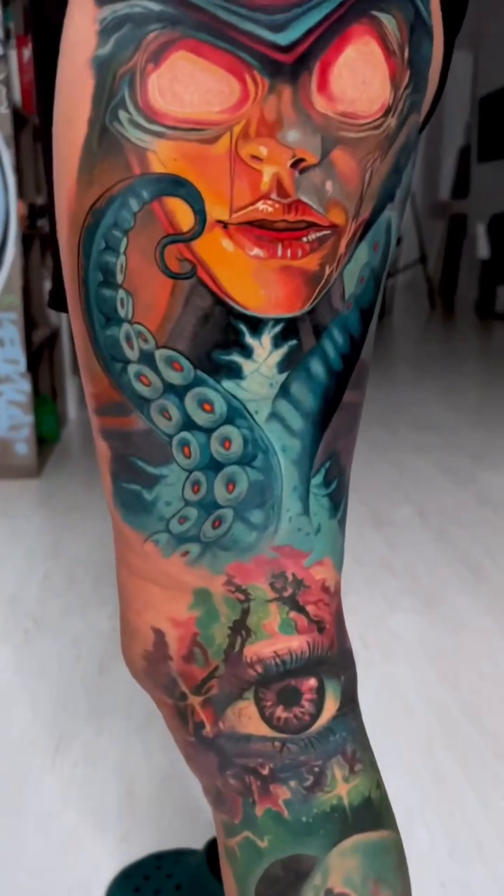 Cyborg woman with tentacles and eye realism tattoo by Sean Foy