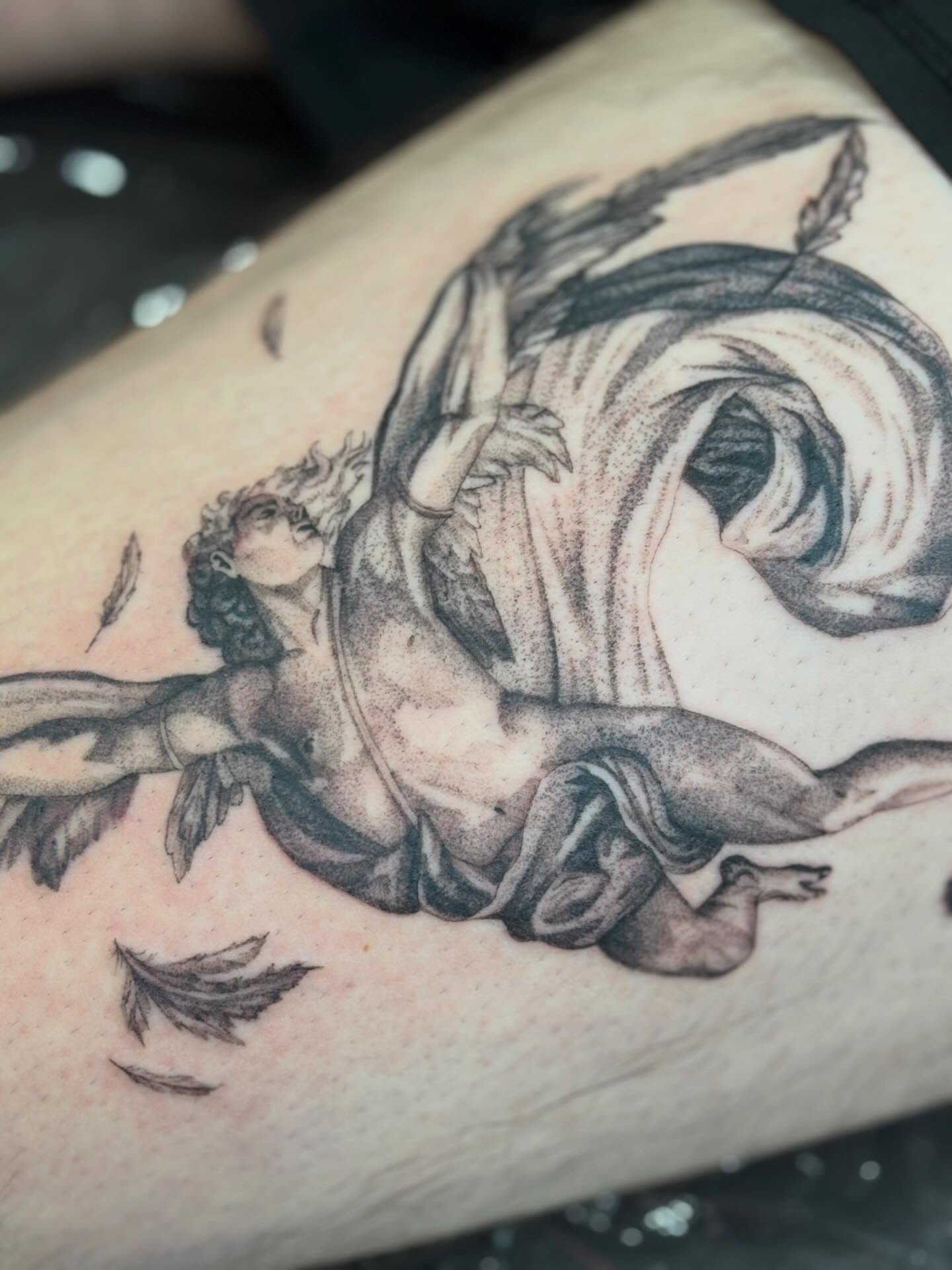 Falling angel dotwork tattoo on the forearm by Jazzlyn Hous