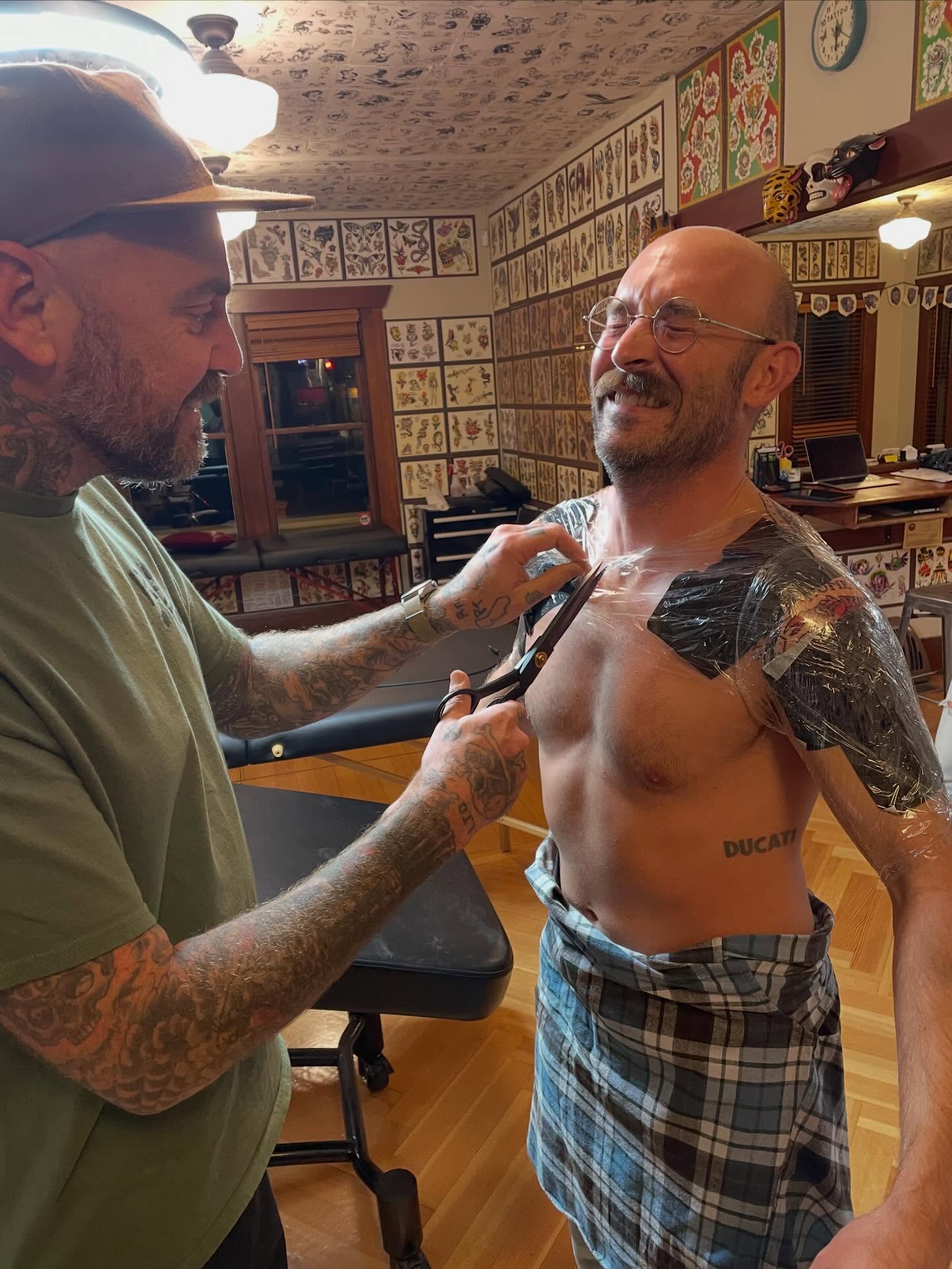 Chest American traditional tattoo on the chest by Nick Rodin