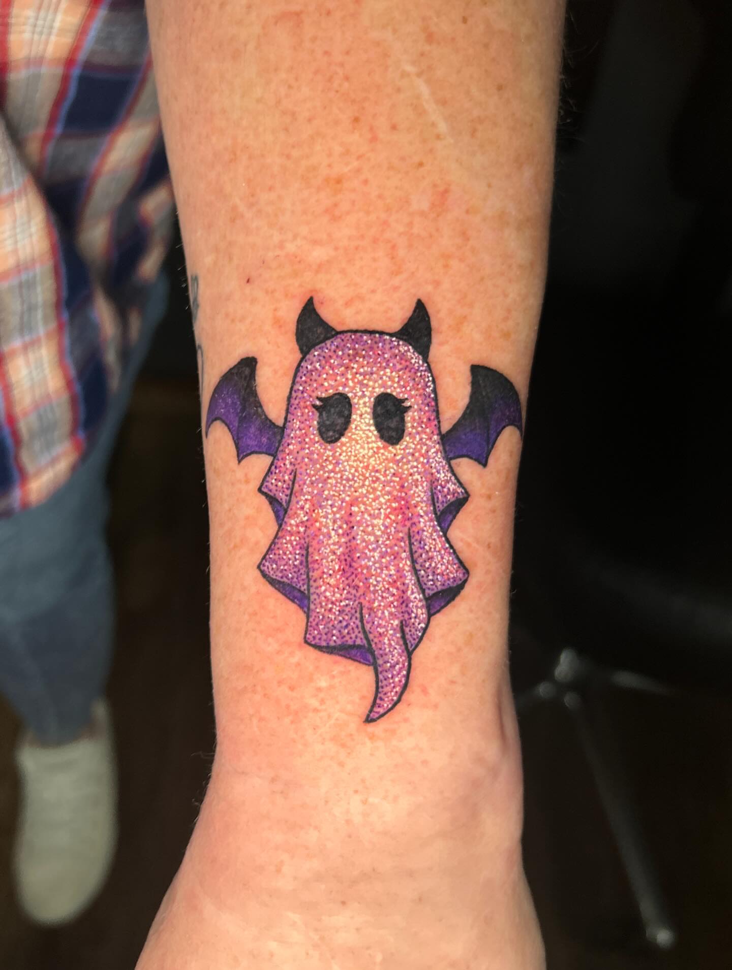 Ghost dotwork tattoo on the forearm by Abby Camacho - Tattoo Artist and Piercer โจ๐