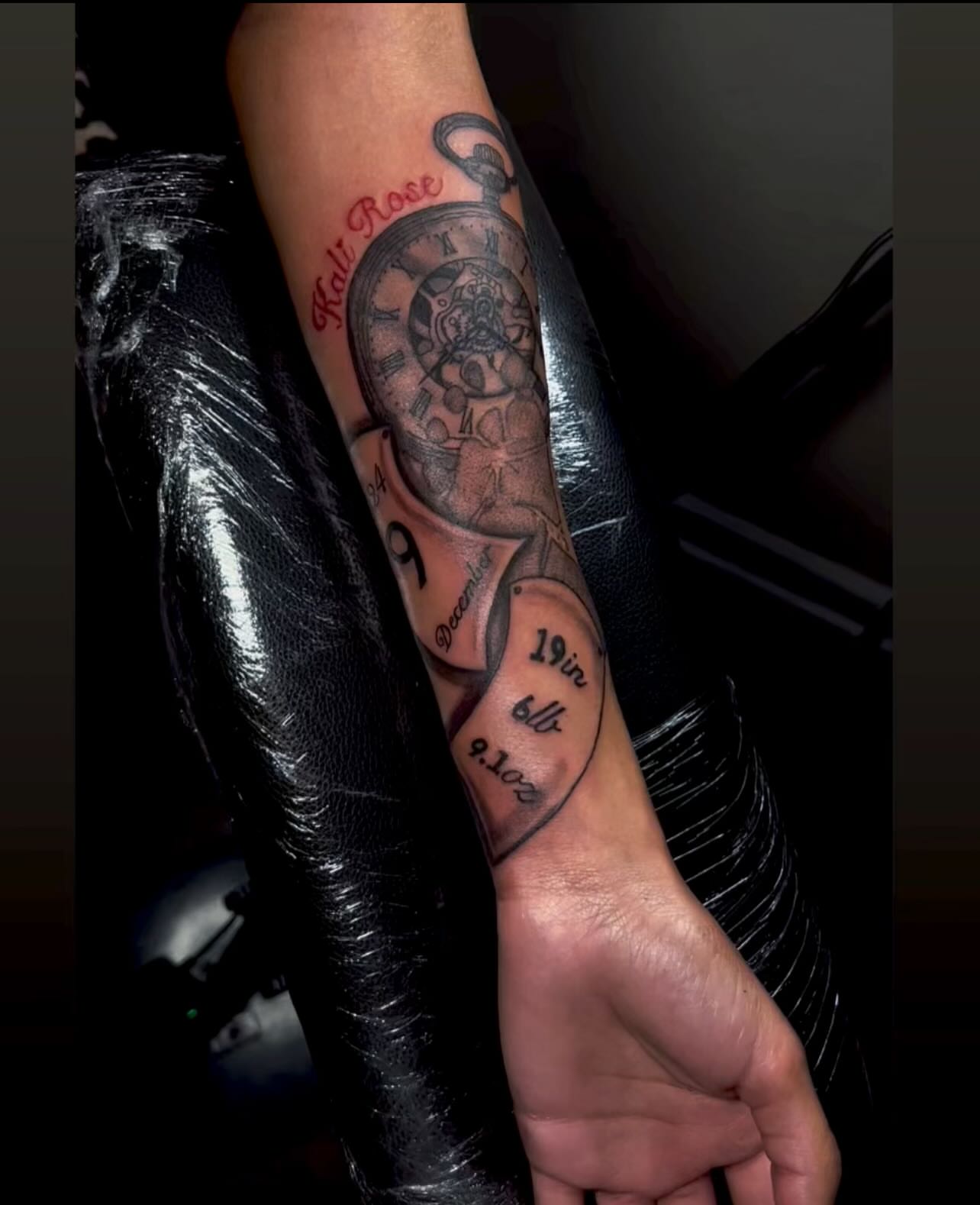 Clock and rose American traditional tattoo on the forearm by @tattsbyleek