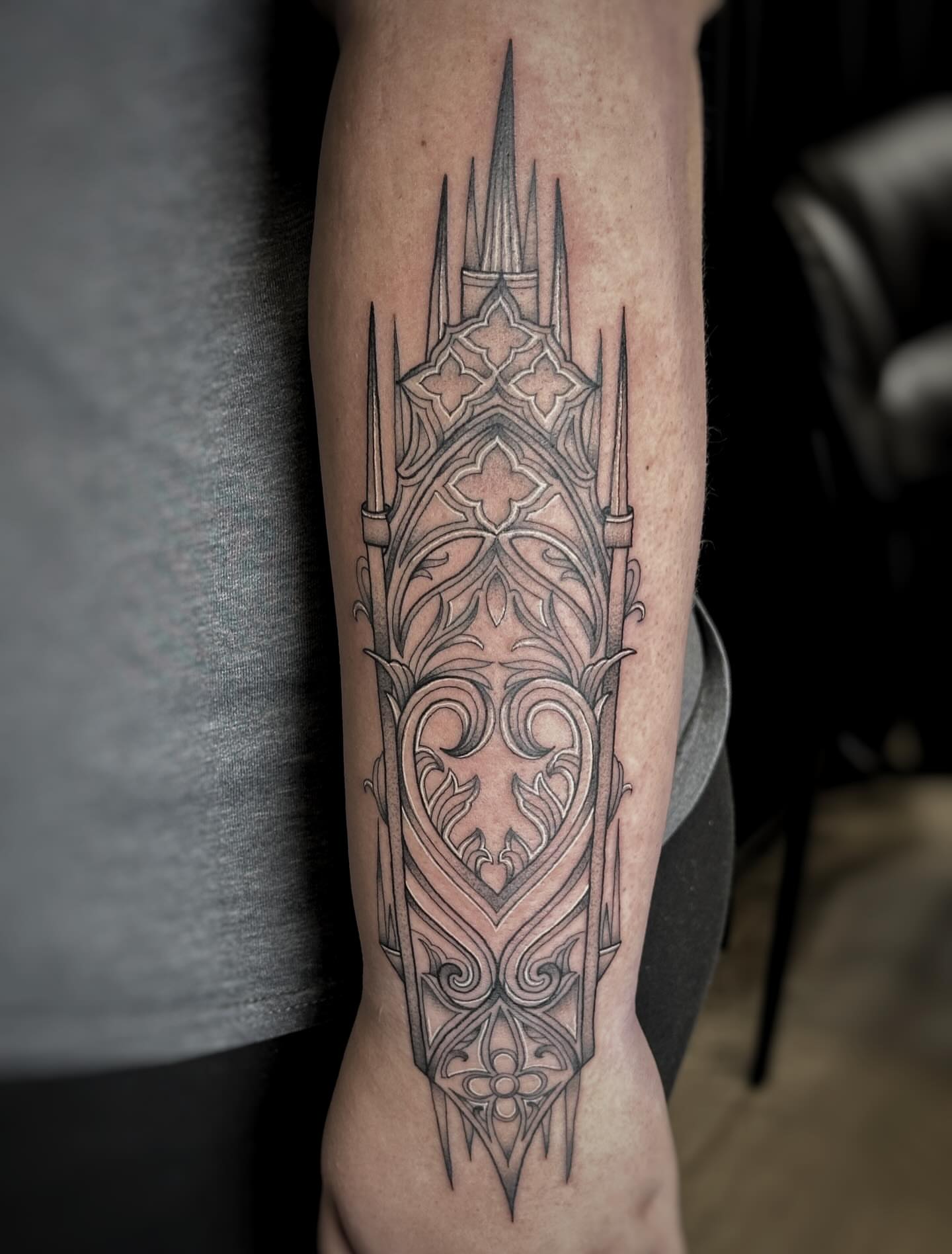 Gothic cathedral geometric tattoo on the forearm by ππΌ Joana Diane Tattoos πΌπ