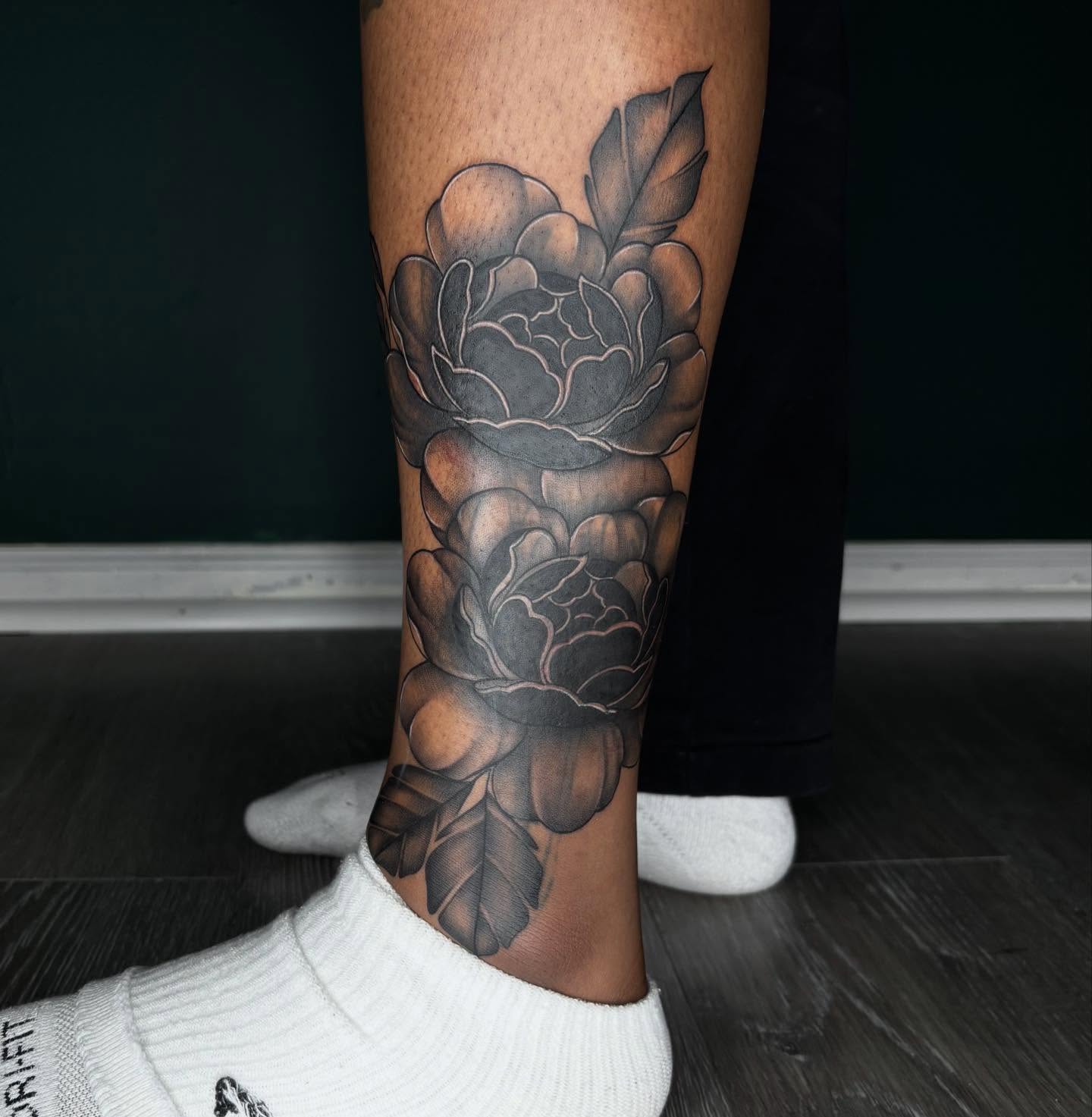 Peony flowers black and grey tattoo on the calf by ༺☆༻