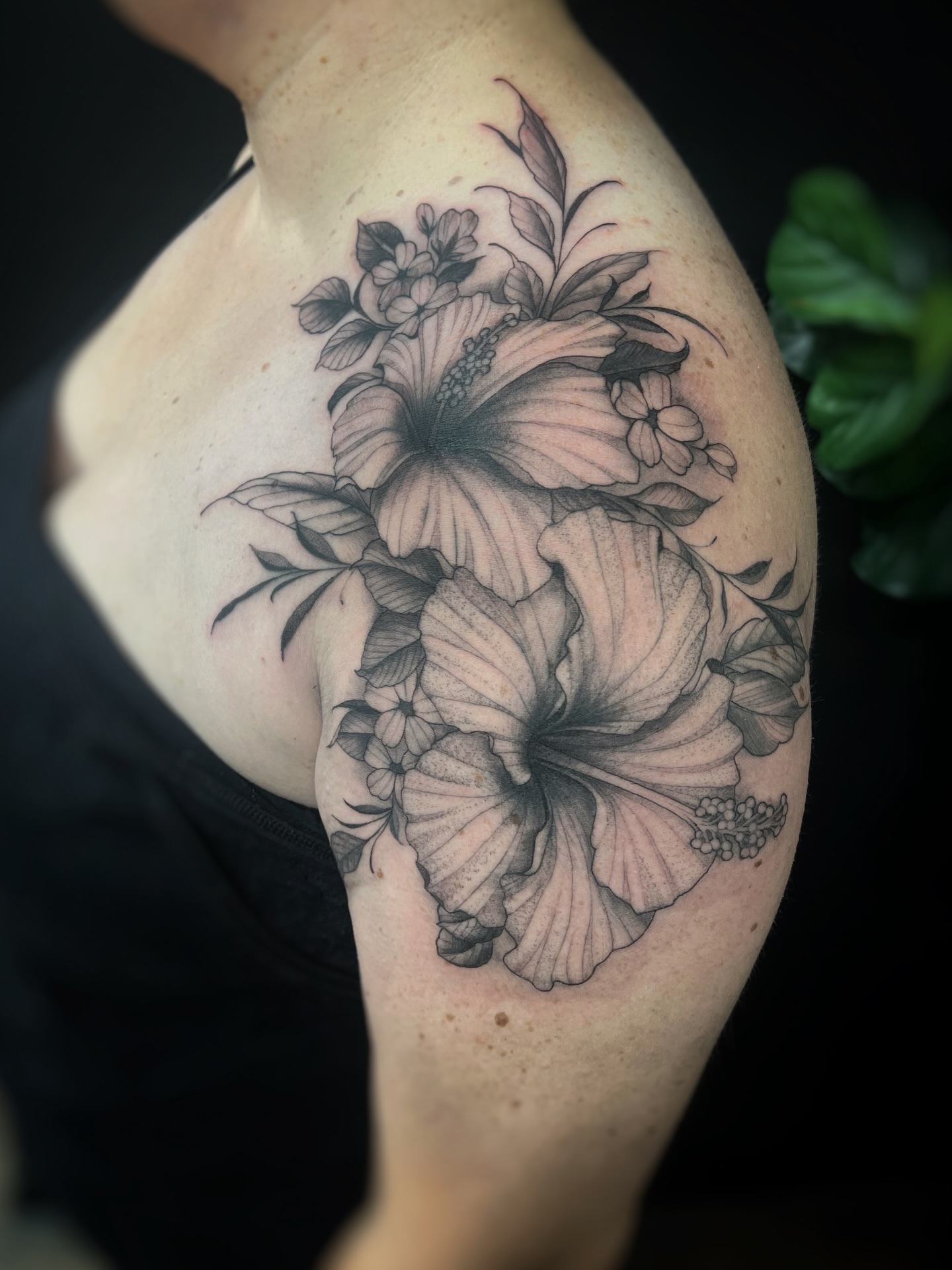 Hibiscus flowers black and grey tattoo on the shoulder by sam cedar geller 🐝