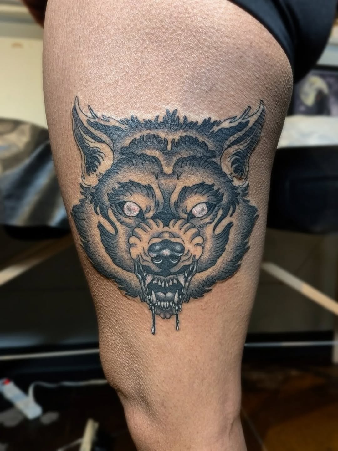 Werewolf head realism tattoo on the thigh by Damon 🥀