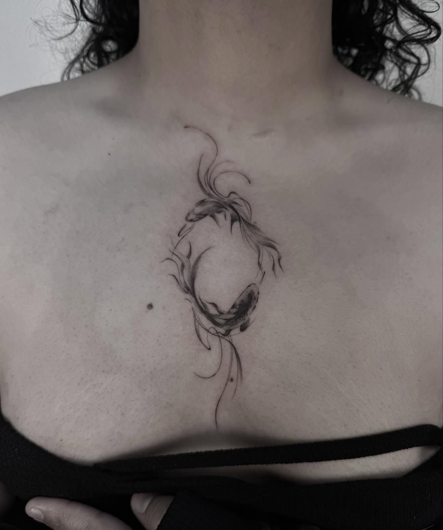 Abstract figure black and grey tattoo on the chest by ππππππ