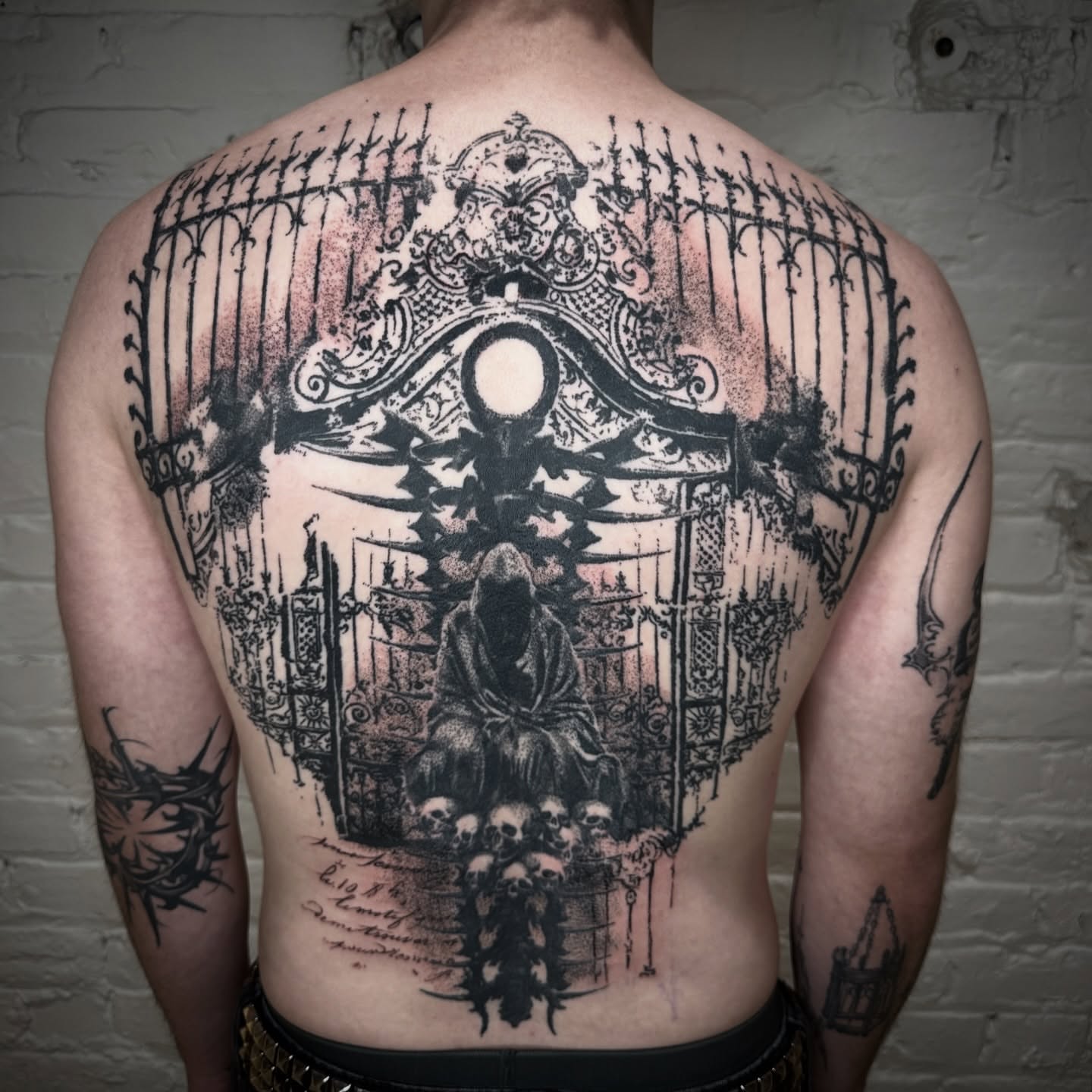 Gothic gate dark realism tattoo on the back by πΈππππππ