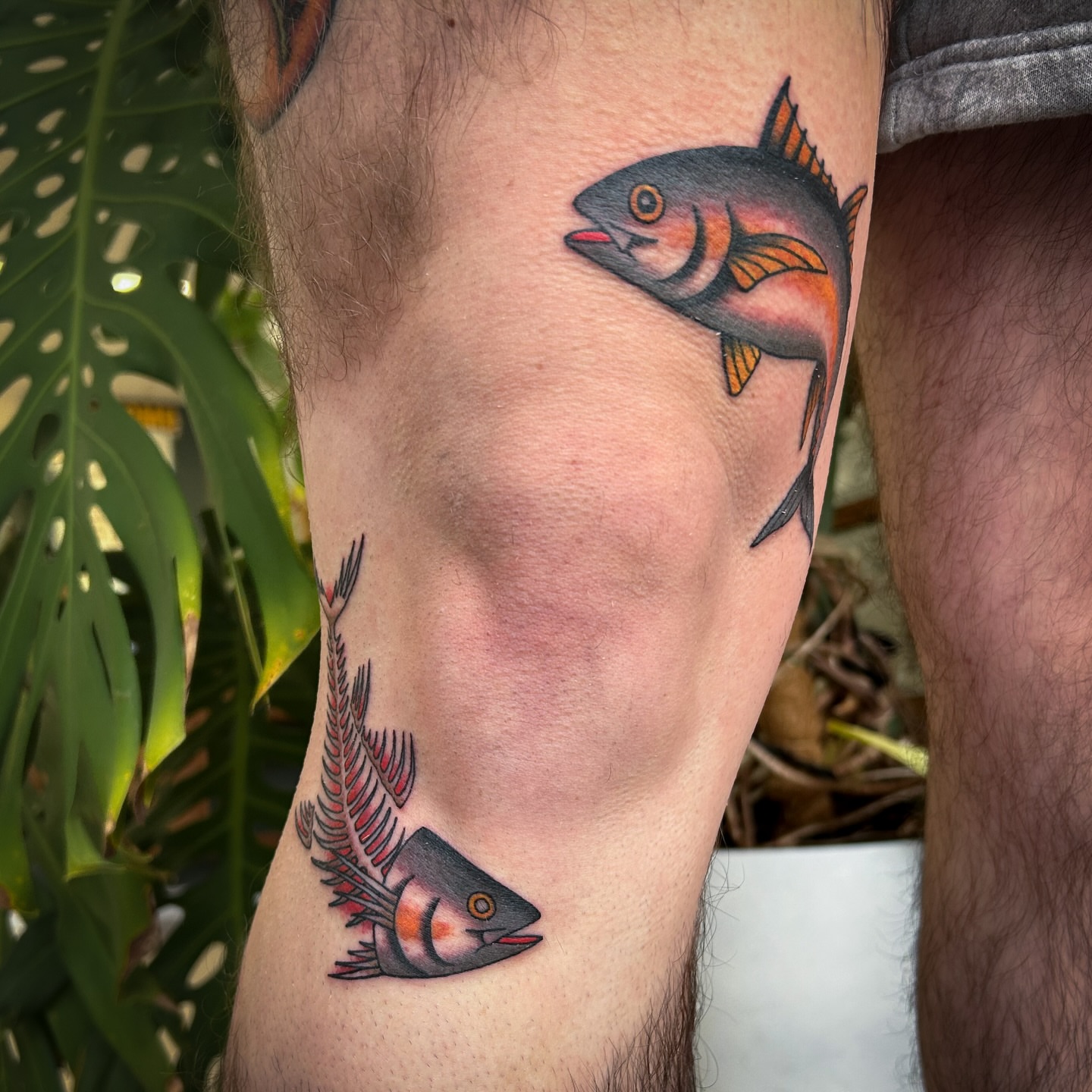 Fish American traditional tattoo on the thigh by Jessica Oram Brockman, Dayton, Ohio