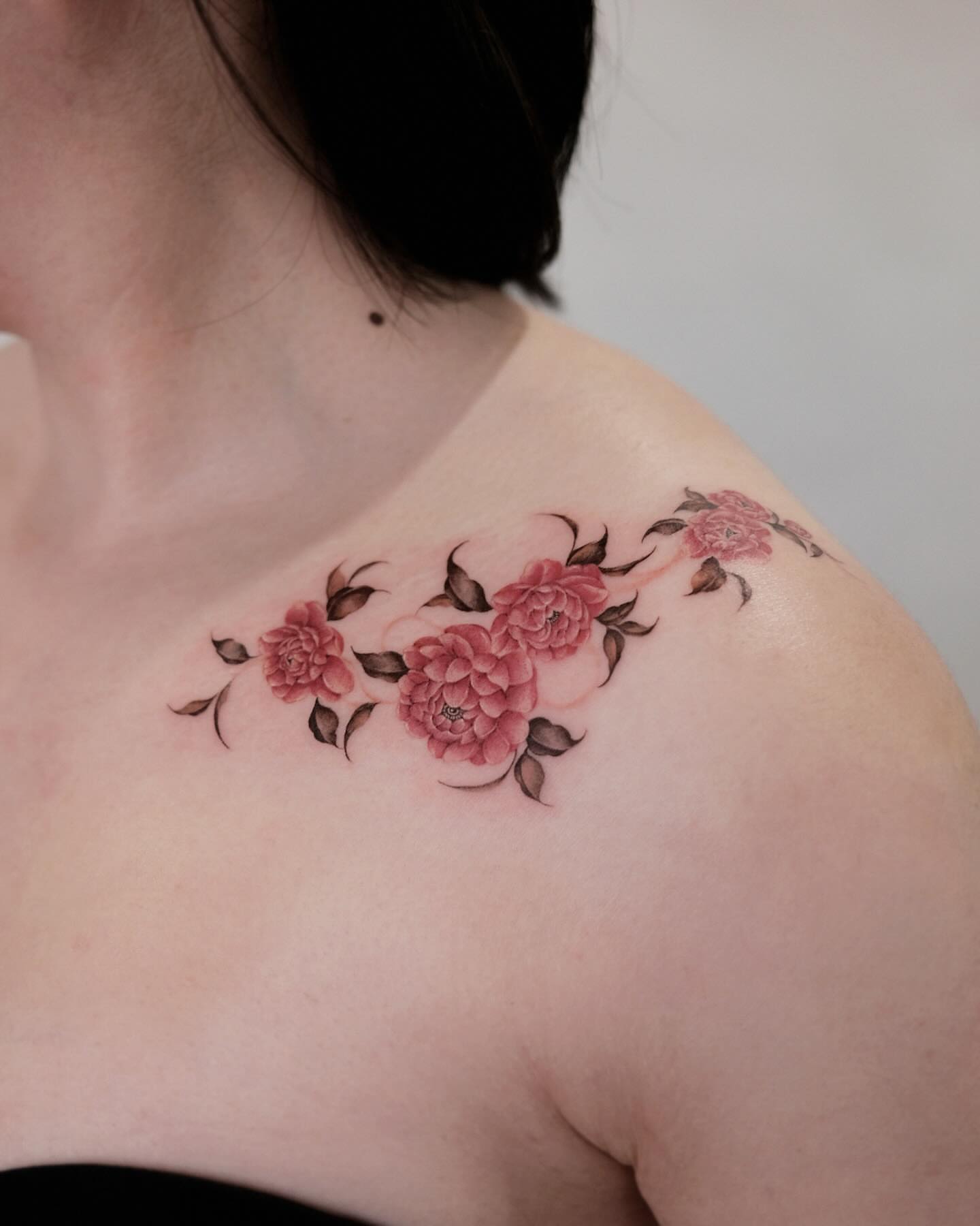 Peonies realism tattoo on the shoulder by 애박 ⋆⁺₊ ₊⁺⋆ Aebak