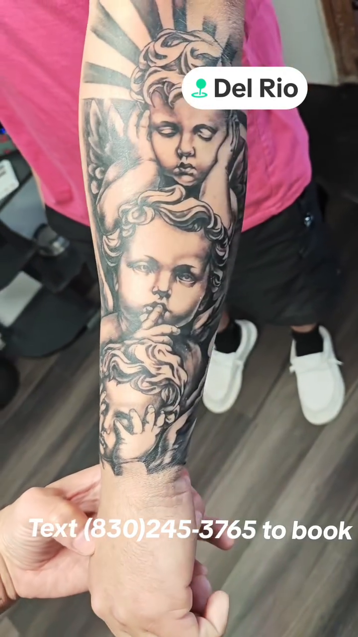 Cherubs and religious imagery realism tattoo by Efren Del Rio