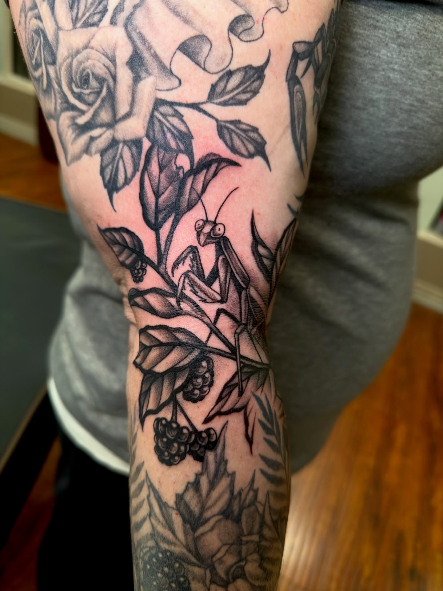 Praying mantis and foliage realism tattoo on the forearm by Marisa Biddle