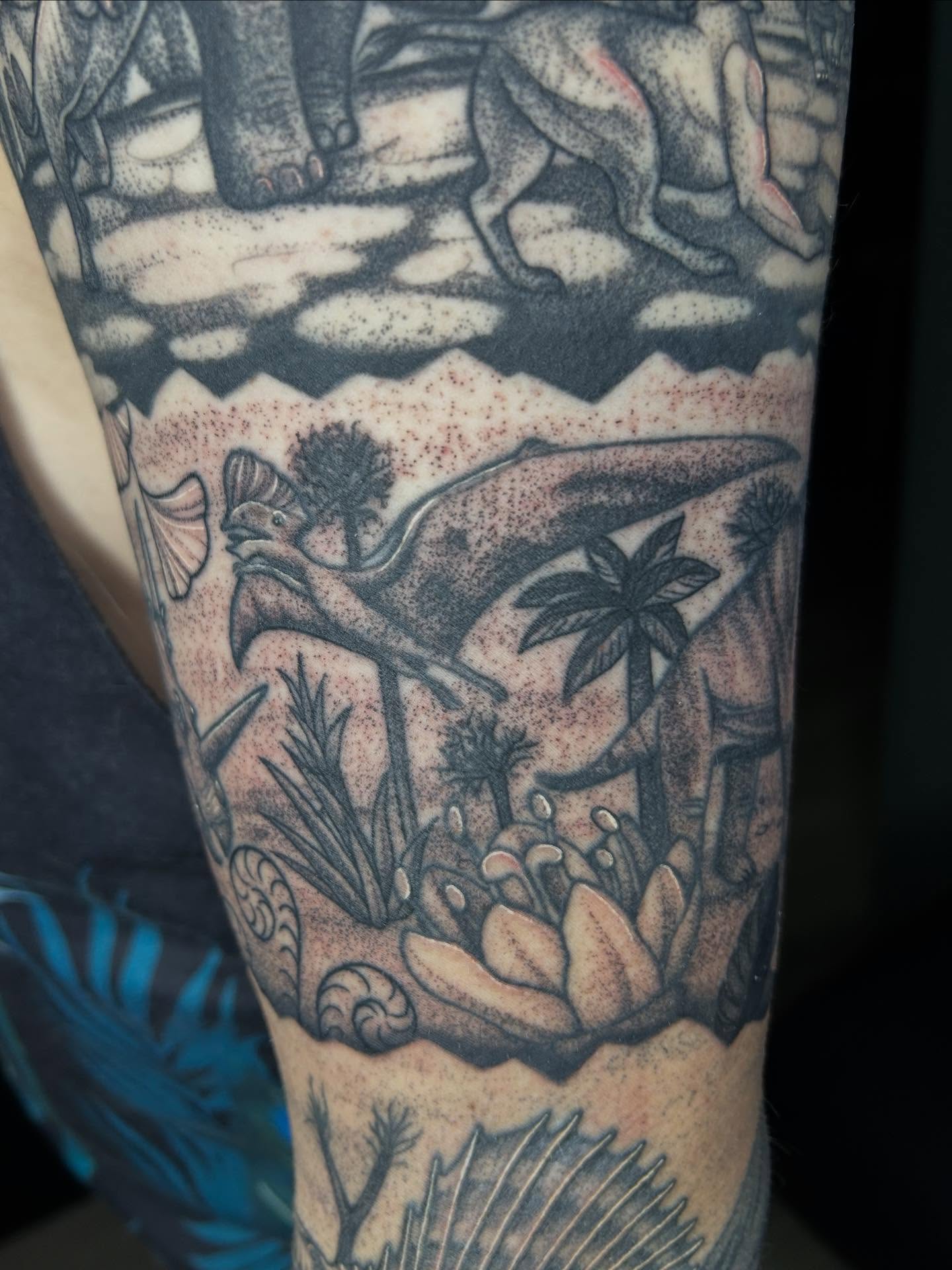 Prehistoric landscape dotwork tattoo on the forearm by Mary Rose Heckle
