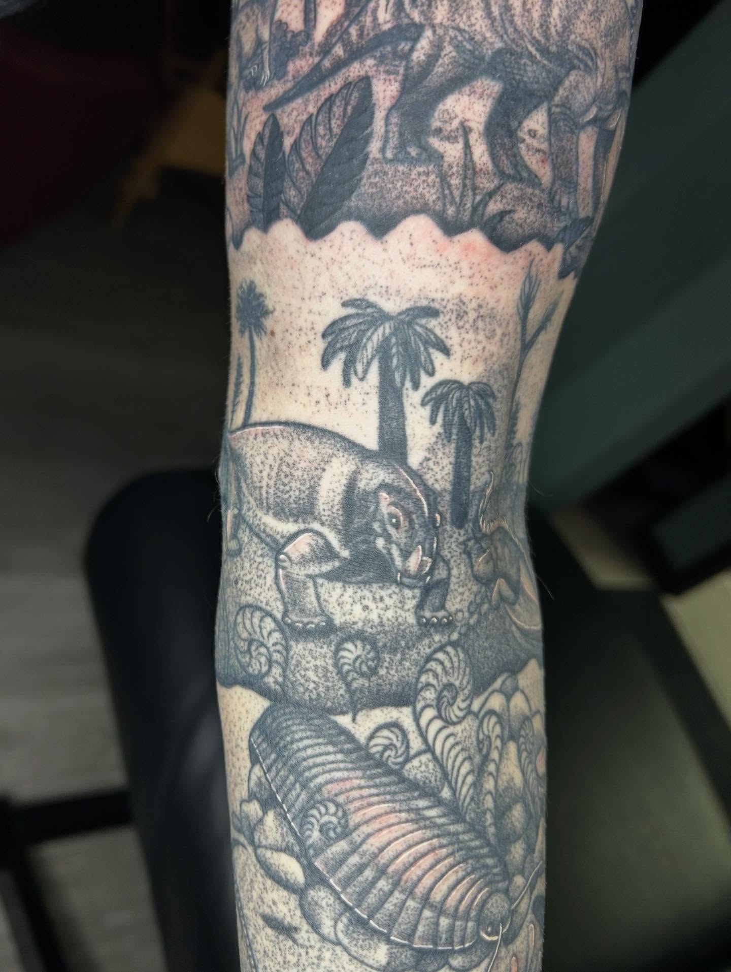 Elephant and waves dotwork tattoo on the forearm by Mary Rose Heckle