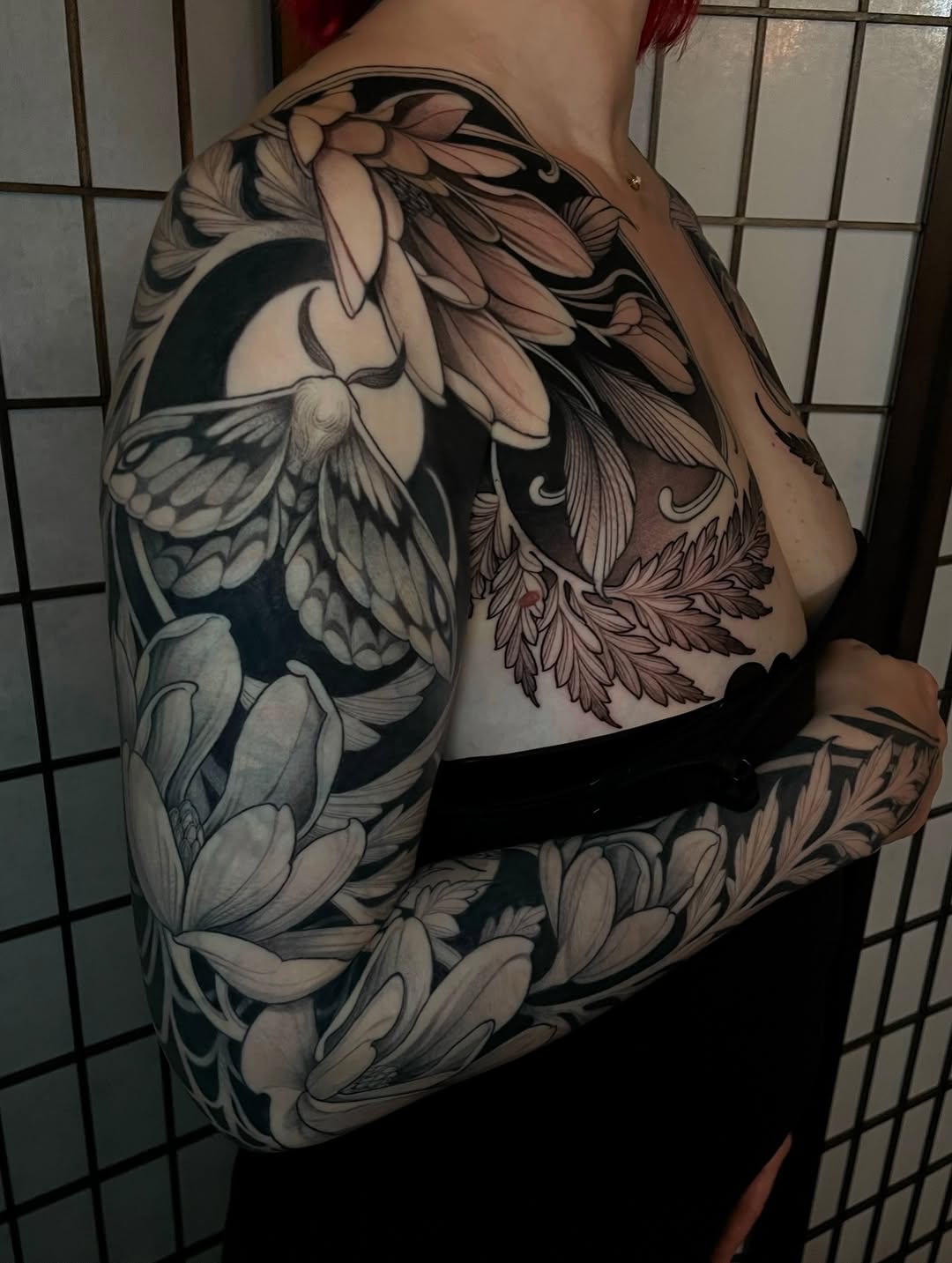 Moth and flowers Japanese tattoo on the shoulder by Madelyn Roberts, Bellingham, Washington