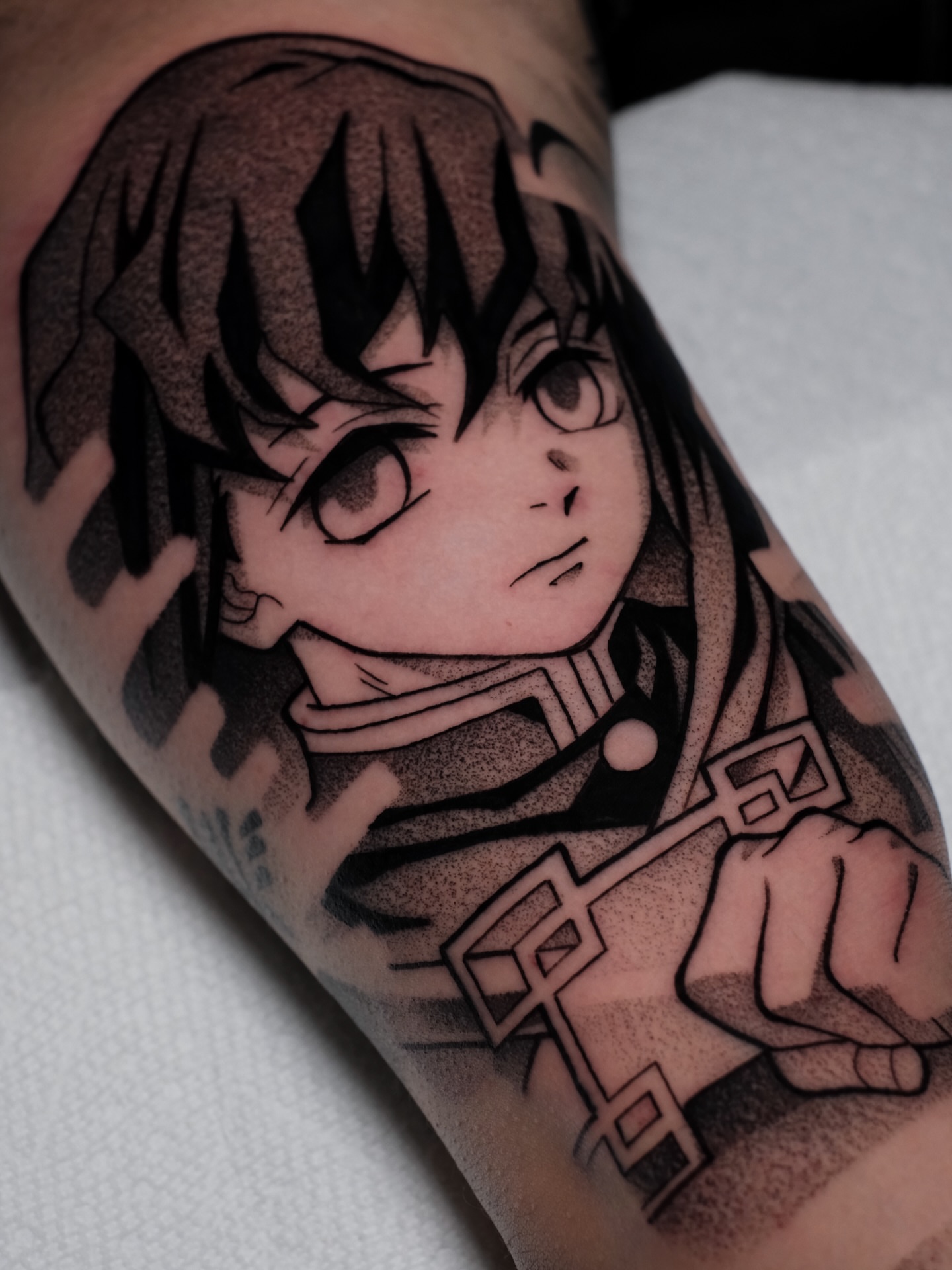 Anime character dotwork tattoo on the forearm by Yakir, Houston, Texas