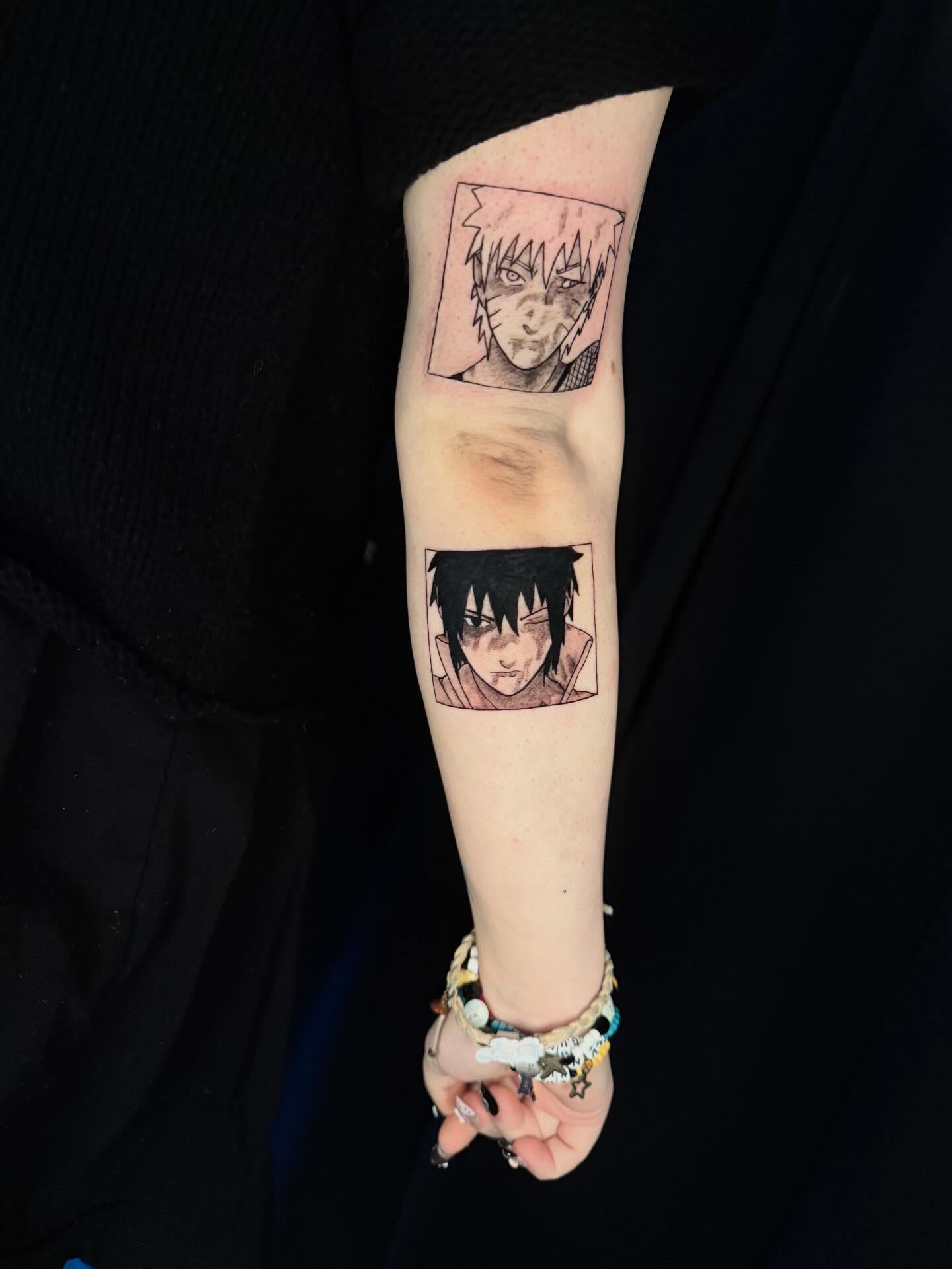 Anime characters anime tattoo on the forearm by Damon Moore