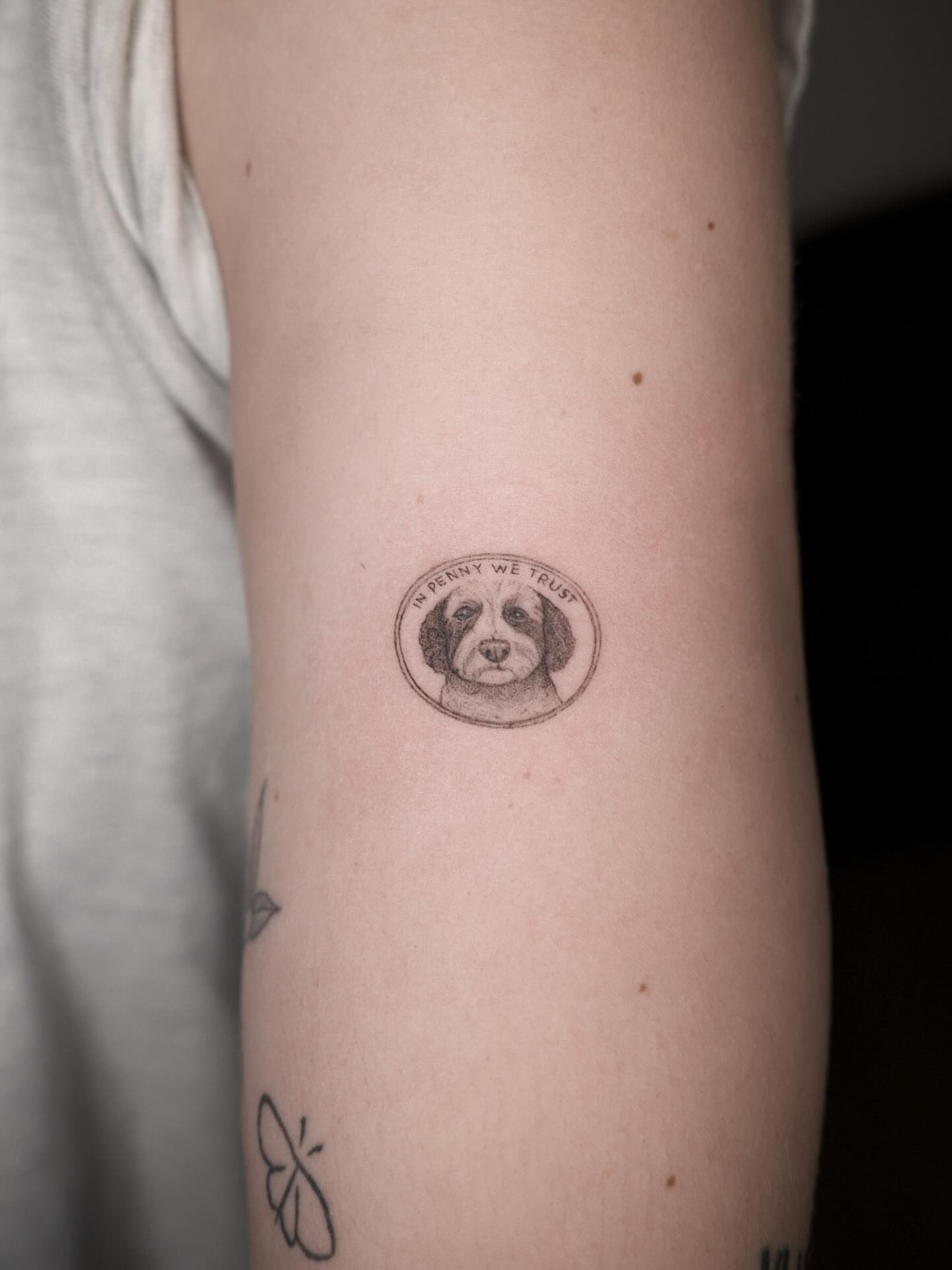 Dog portrait realism tattoo on the forearm by It’s ya girl, KB