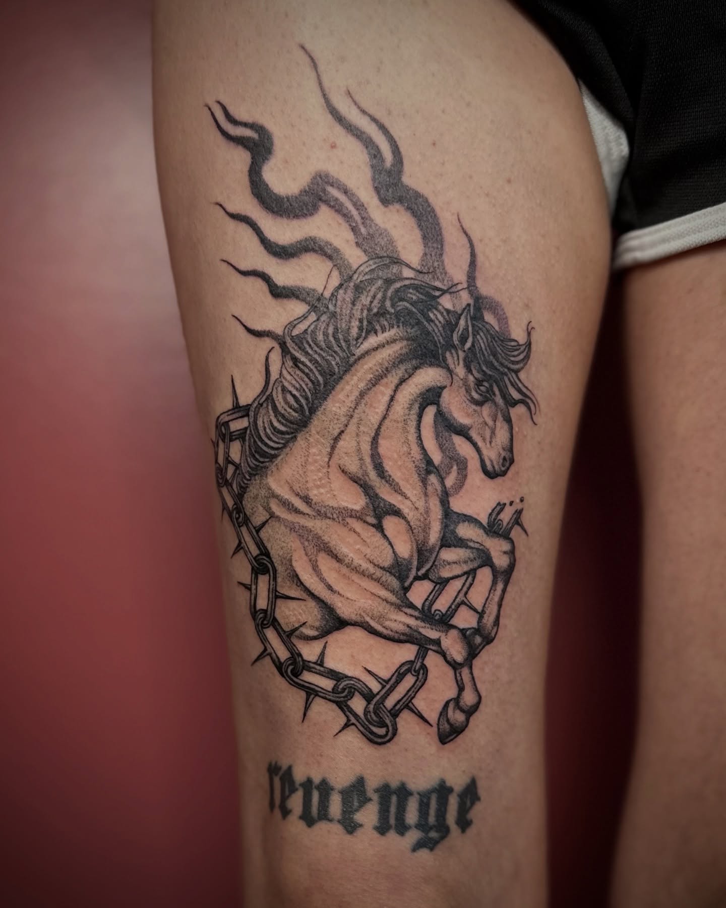 Revenge black and grey tattoo on the thigh by โฃ ๐ฝ๐๐๐๐๐ ๐ฟ๐๐๐๐๐๐๐๐๐๐๐ โฃ