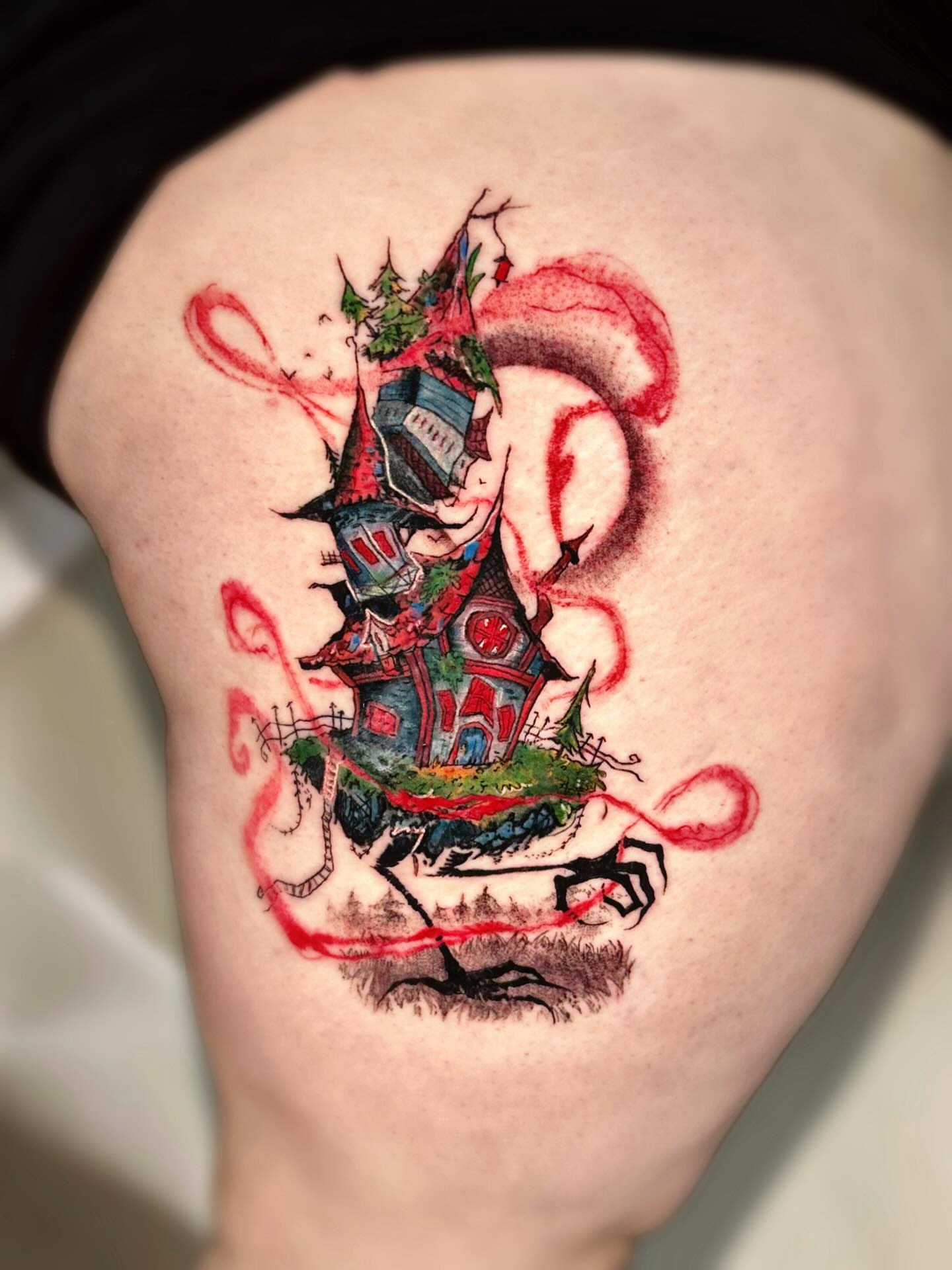 Haunted house new school tattoo on the thigh by Lex