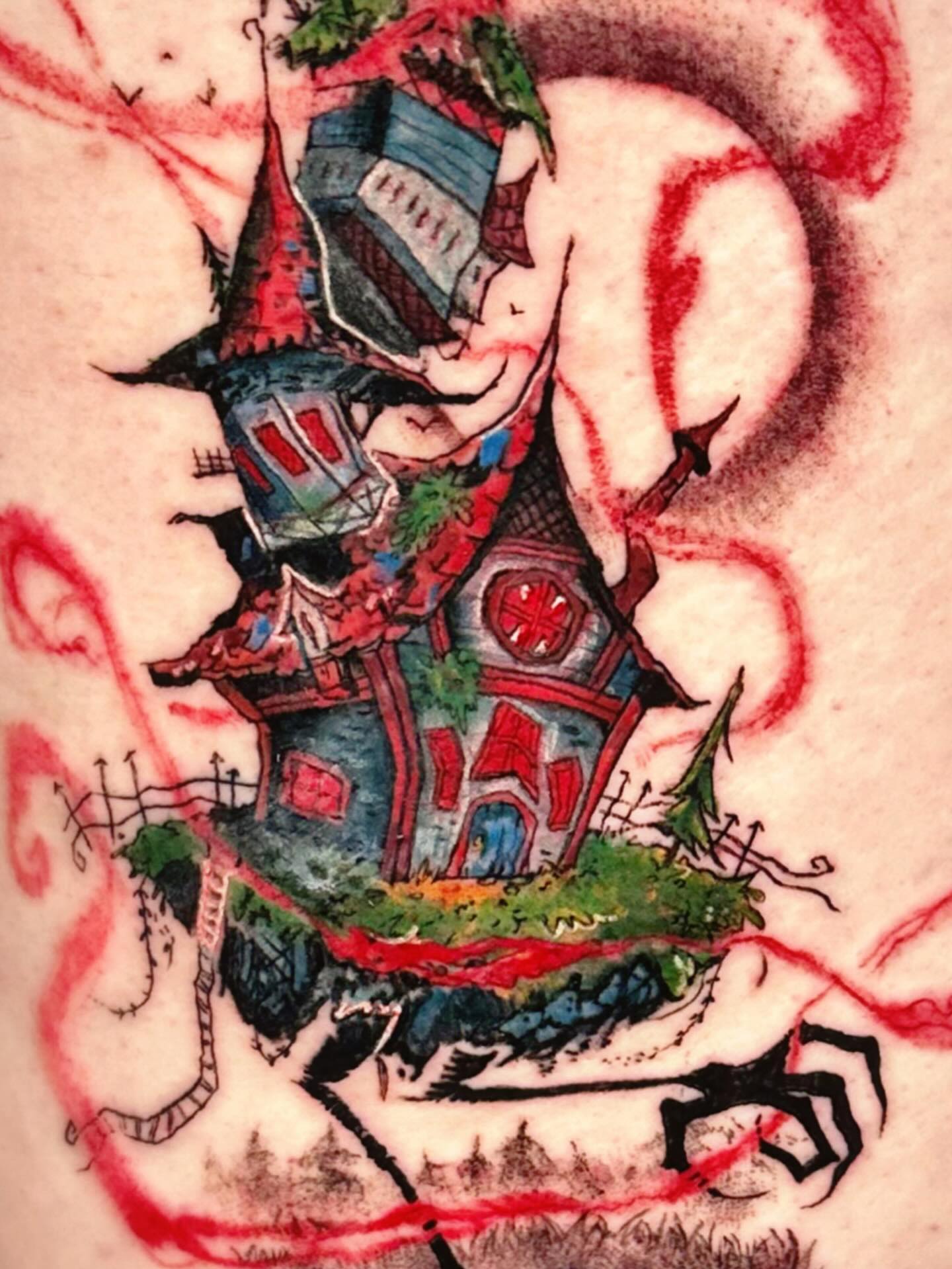 Haunted house American traditional tattoo by Lex