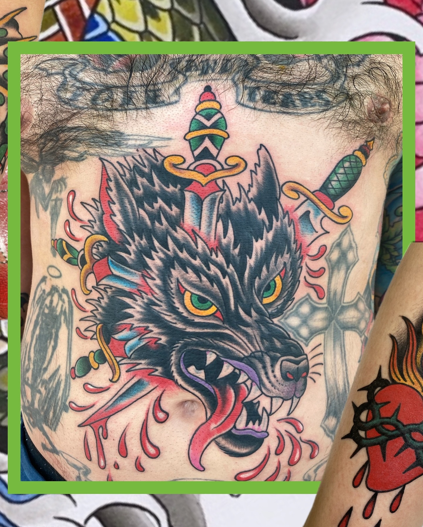 Wolf head American traditional tattoo on the ribs by Ben Karnofsky