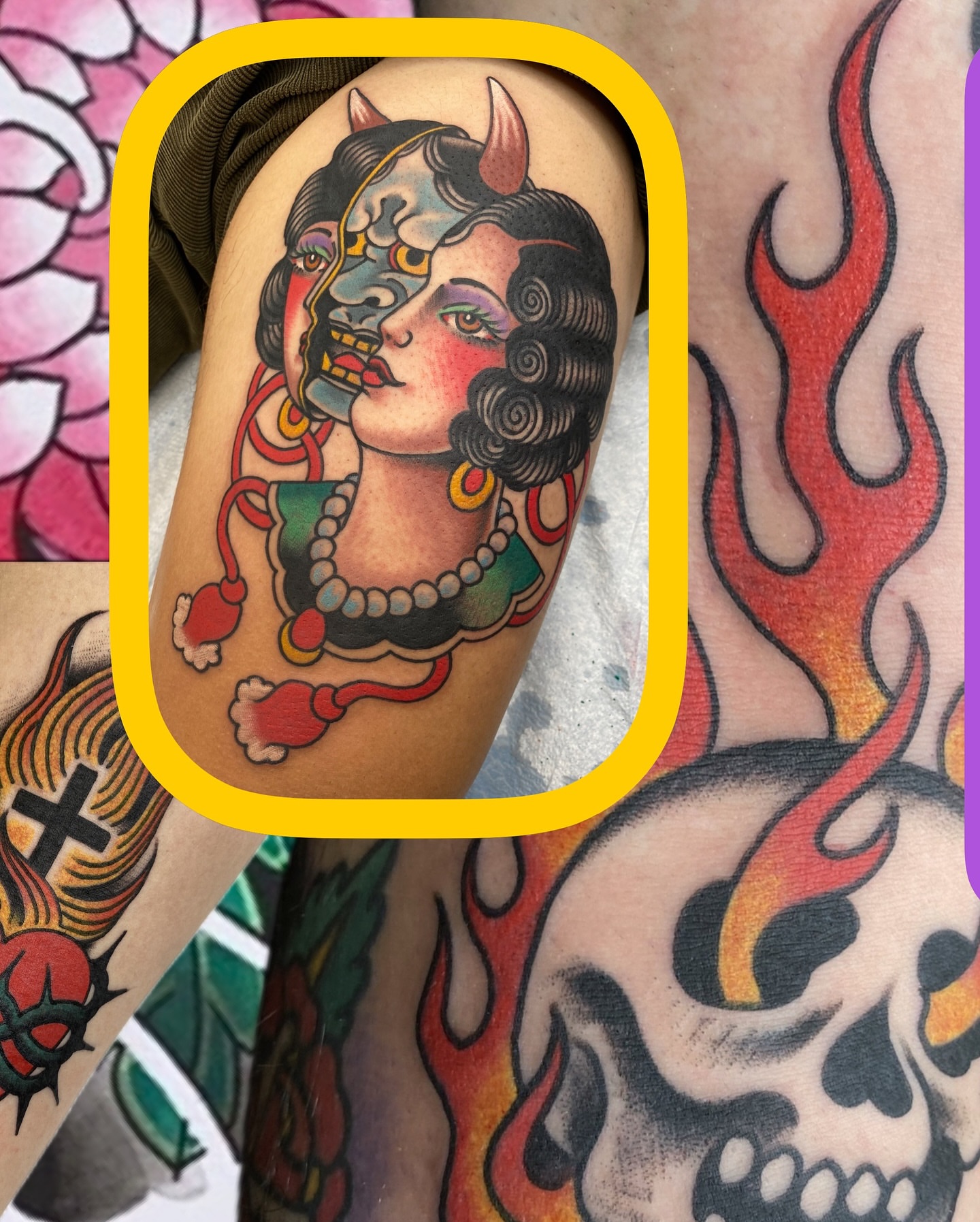 Woman with demon horns American traditional tattoo on the shoulder by Ben Karnofsky