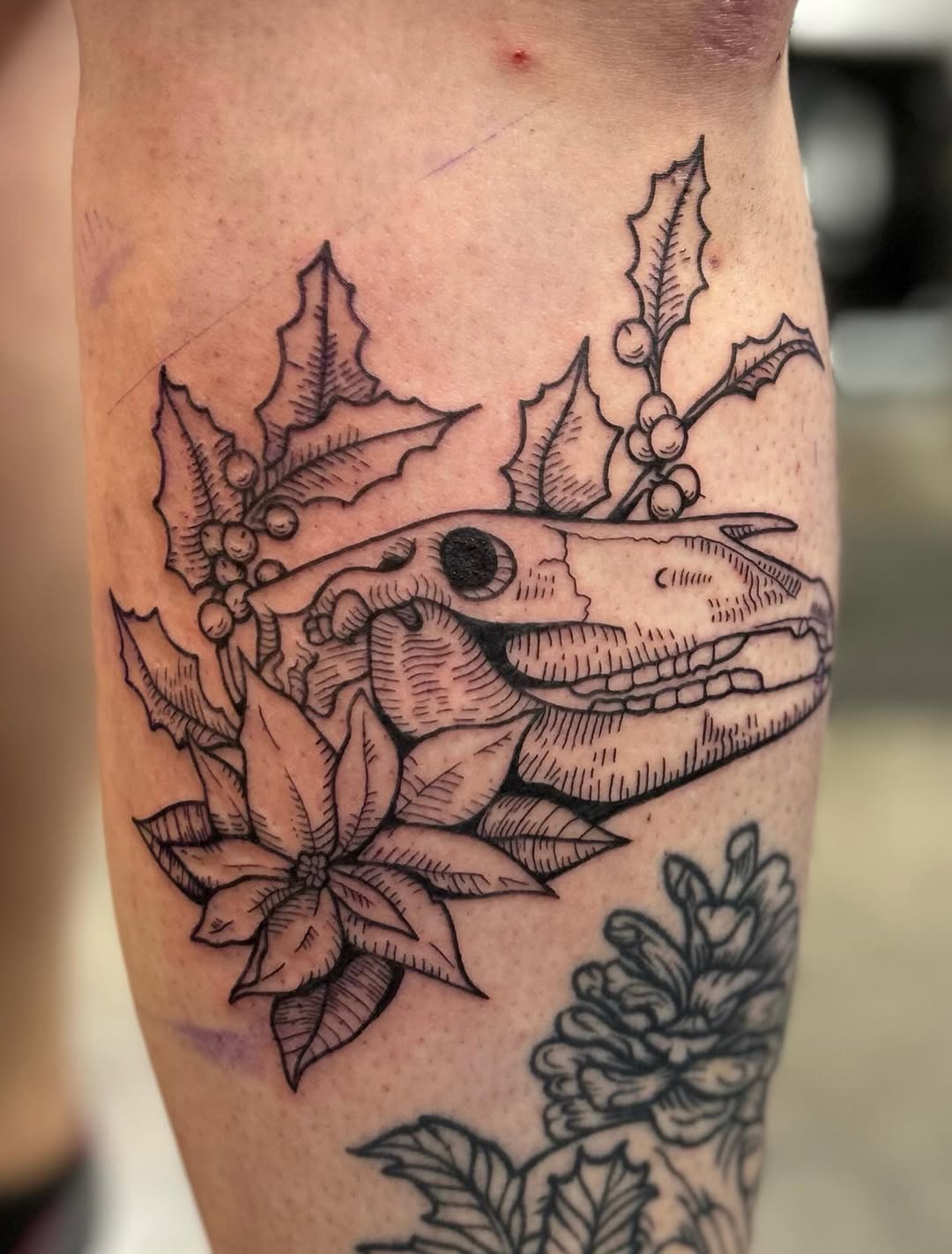Horse skull with holly and poinsettia realism tattoo on the forearm by Natalie Johnson, Minneapolis, Minnesota
