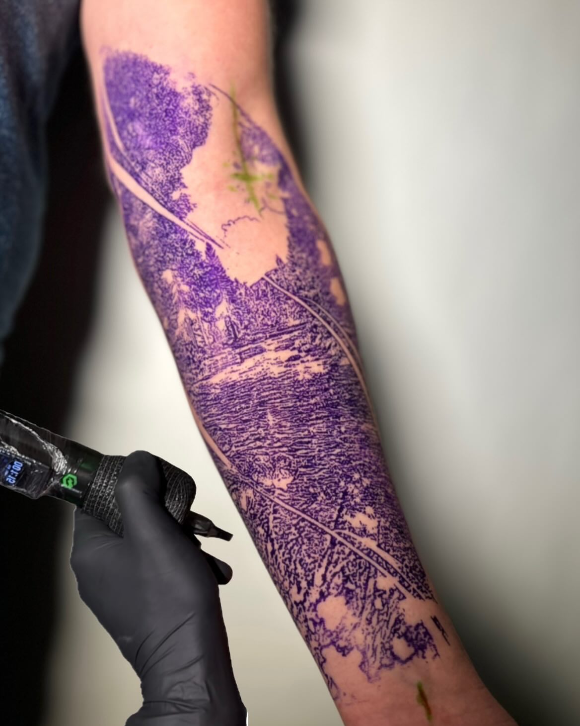 Landscape dotwork tattoo on the forearm by Eltche Art Tattoo